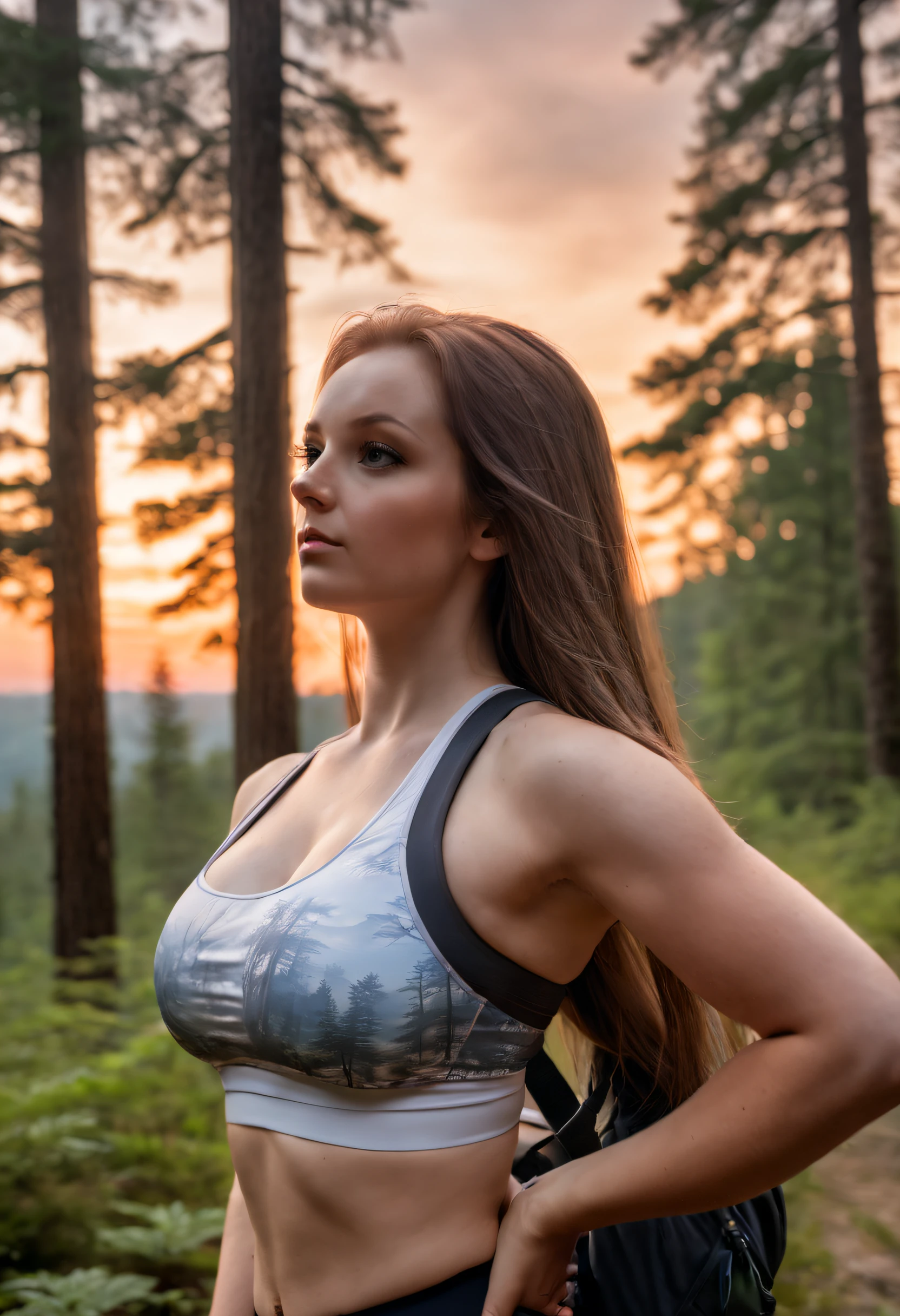 (headshot), 1girl, beautiful, sunset, beautiful sunset, cloudy, forest, nature hike, (((headshot))), BREAK
sports bra, backpack, yoga pants, BREAK
large breasts, makeup, long straight hair, pale skin, fair skin, white skin, BREAK