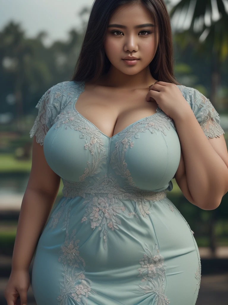 (extremely detailed 8k wallpaper:1.5),(masterpiece:1.5), (best quality:1.7), high resolution illustration, (finely detailed eyes and detailed face:1.3), (detail:1.3, best quality, (ultra-detailed), (an extremely delicate and beautiful), (masterpiece:1.5),cinematic light,dynamic angle,floating,sharp focus,(2d:1.7), (best quality:1.3),(illustration:1.1),((disheveled hair:1.2),(beautiful detailed eyes:1.1),(cinematic light:1.1), beautiful Indonesian girl, wearing a sexy traditional Sundanese Kebaya dress, curvy body type, voluptuous body type, curvy body type, thick body type, big chest, huge boobs, (full_body), Sundanese art culture, Poris Indonesia park background, fat,