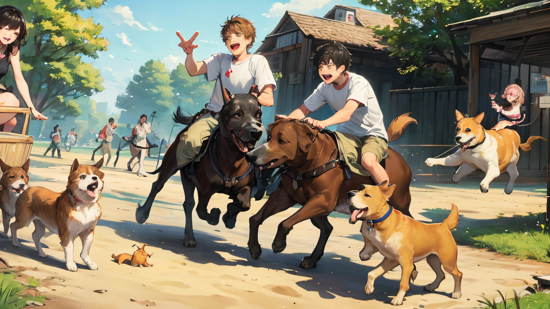 bohoai (happy boys and girls) playing with dogs