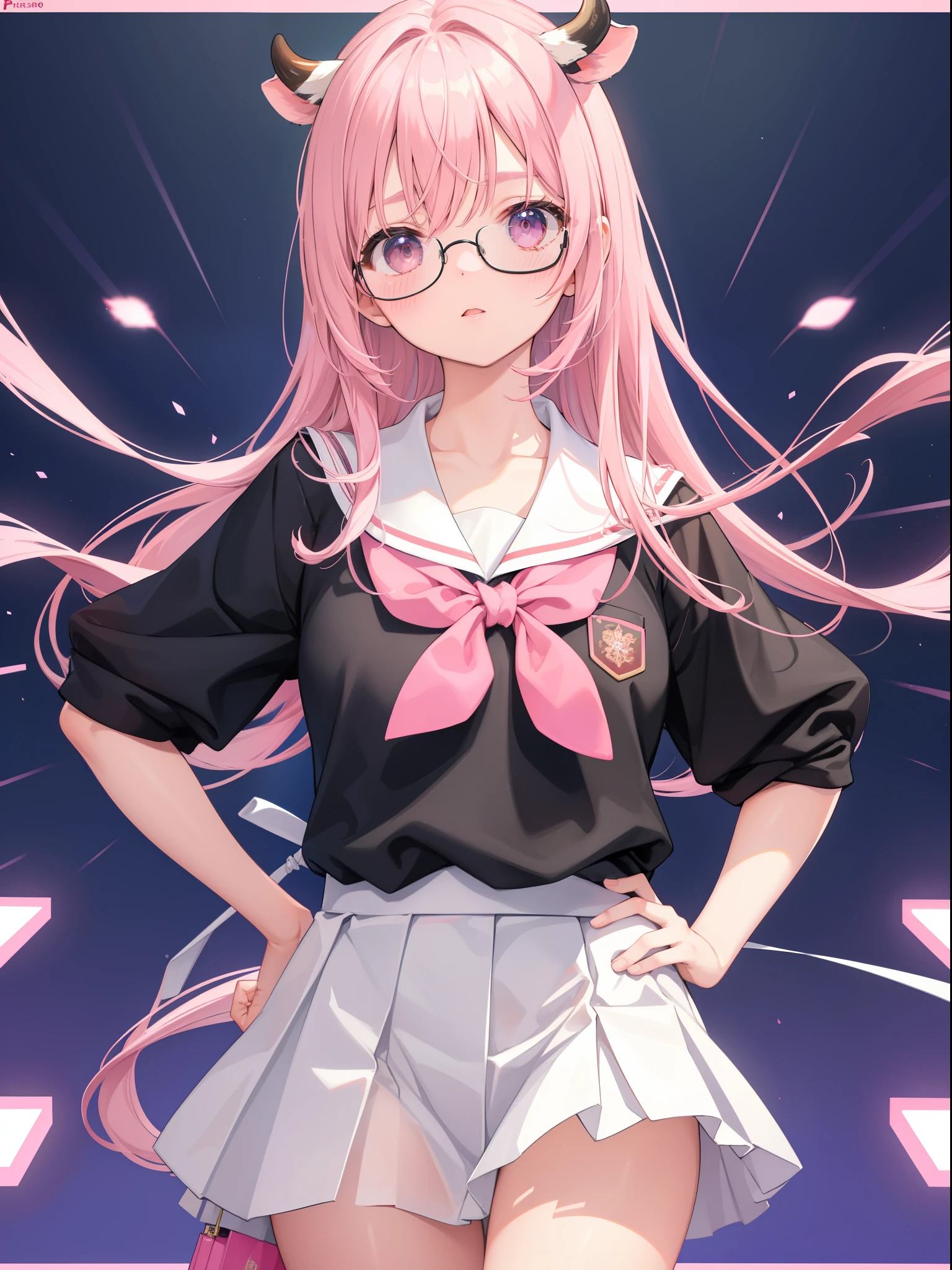 tmasterpiece, Best quality at best, ultra - detailed, hyper realisitc, photore),delicate patterns, detailedbackground, completely uncensored, cow boy shot, japanaese girl, Classroom, 校服, Loose collar, a skirt, Look at the glasses, hair between eye, Pink haired girl holding up index finger,one hand on hips, Cheeks puffed up with anger, from the above, Leaning forward,