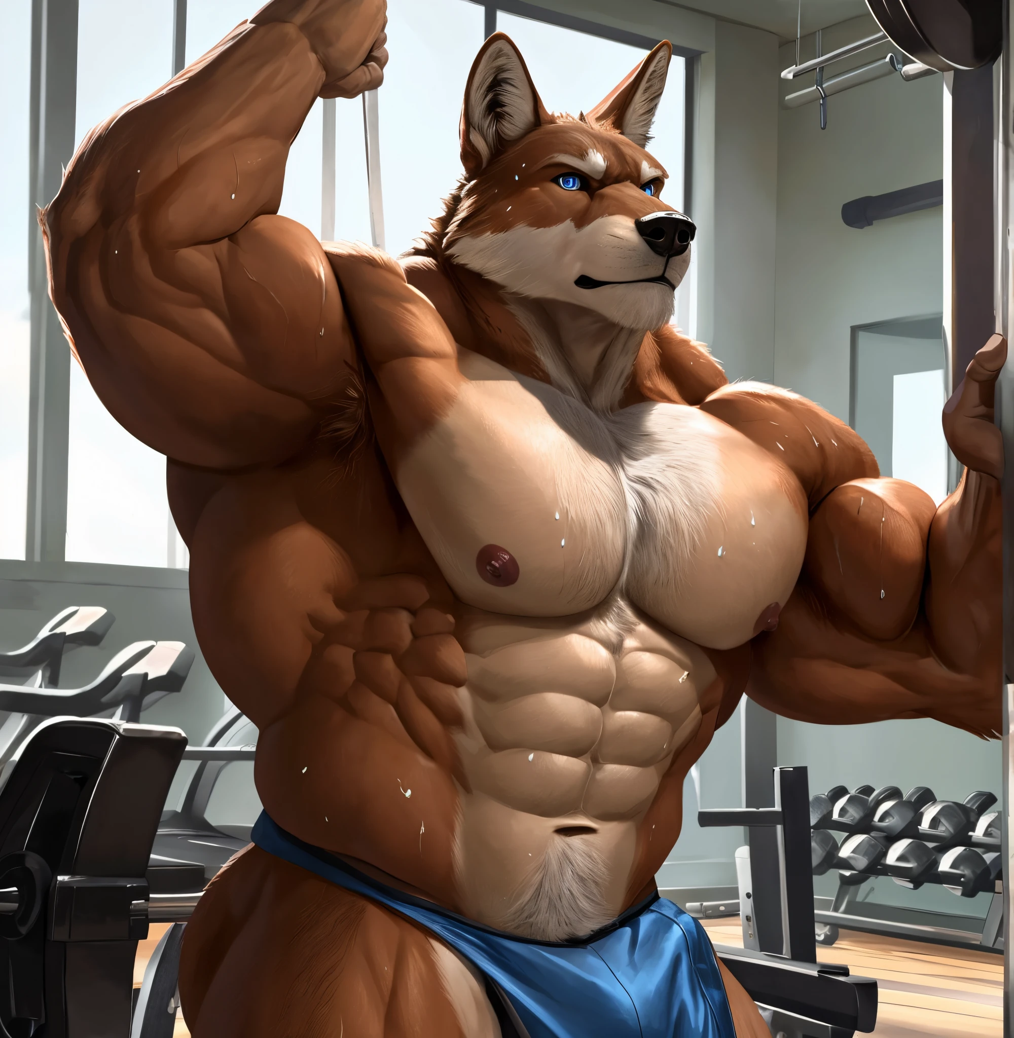4K, A high resolution,Alone, human's body,(coyote), male people, AS-Adult, Very manly, (Muscular very developed, Muscles are very defined, strong chest, beefy pectorals, latissimus dorsi, muscular arms, biceps:1.4), dark strong blue eye, (detailed shadow, photorealistic shading, tmasterpiece:1.2),(The upper part of the body, A half body), Brown fur,White belly,gym room,Sweat soaked the body