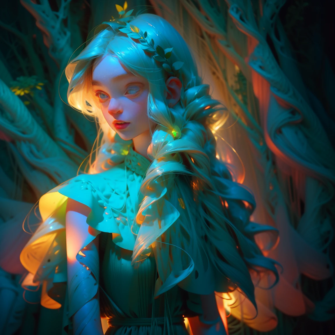gem-like eyes,s girl,In the green forest,Fog,Delicate magic green long hair,Delicate hair accessories,lively and lovely,Delicate long dress,blossoms,Streamers,The upper part of the body
