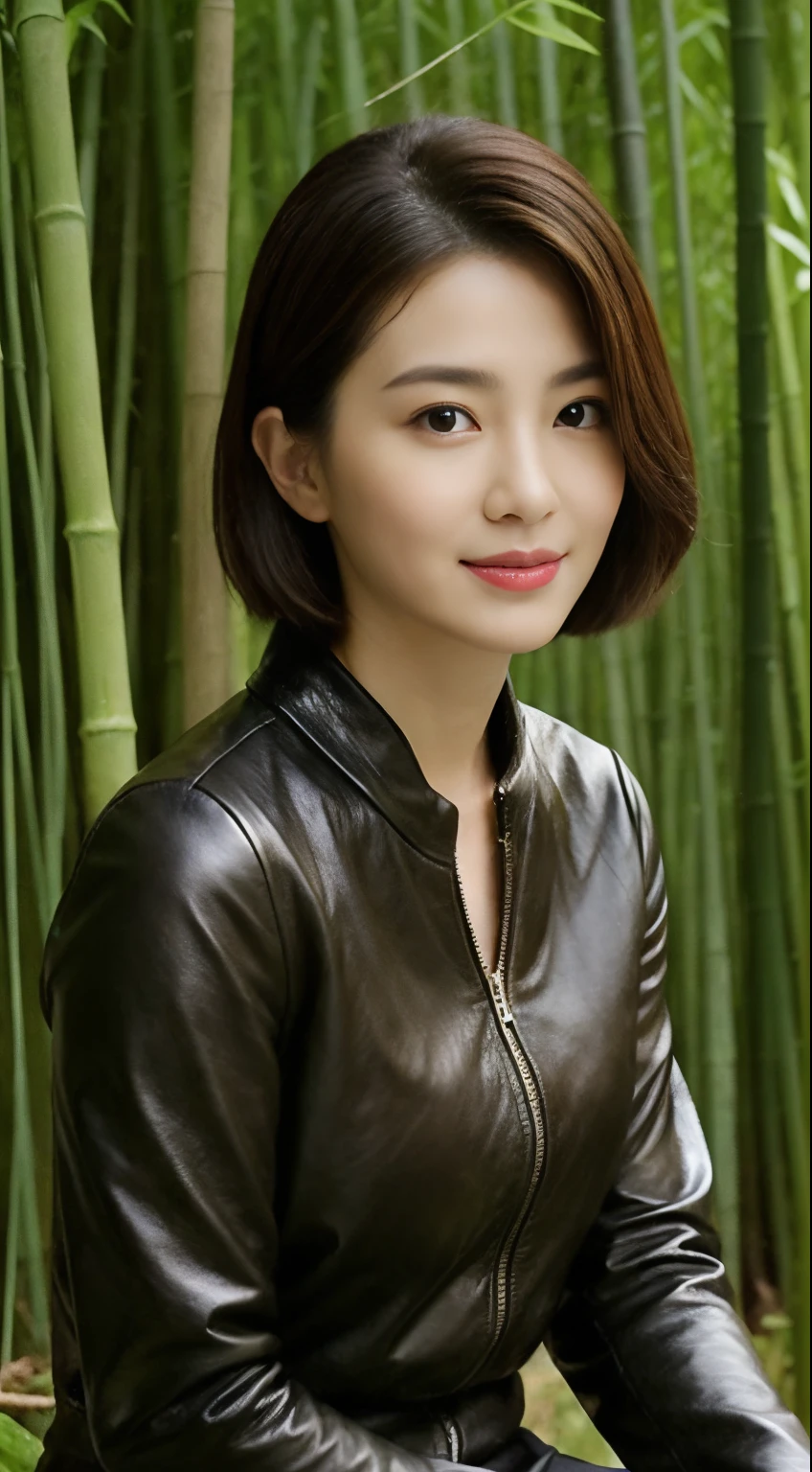 The highest image quality、超高分辨率、1 girl，Short hair details、exquisite and beautiful face、Wearing a leather long-sleeved robot suit、Sitting on a large rock in the bamboo forest