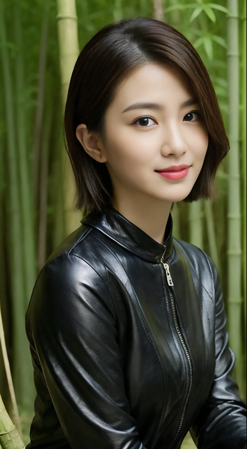 The highest image quality、超高分辨率、1 girl，Short hair details、exquisite and beautiful face、Wearing a leather long-sleeved robot suit、Sitting on a large rock in the bamboo forest