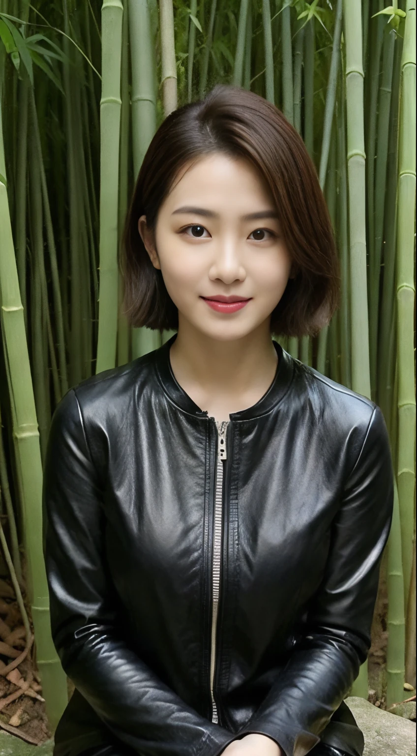 The highest image quality、超高分辨率、1 girl,Short hair details、exquisite and beautiful face、Wearing a leather long-sleeved robot suit、Sitting on a large rock in the bamboo forest