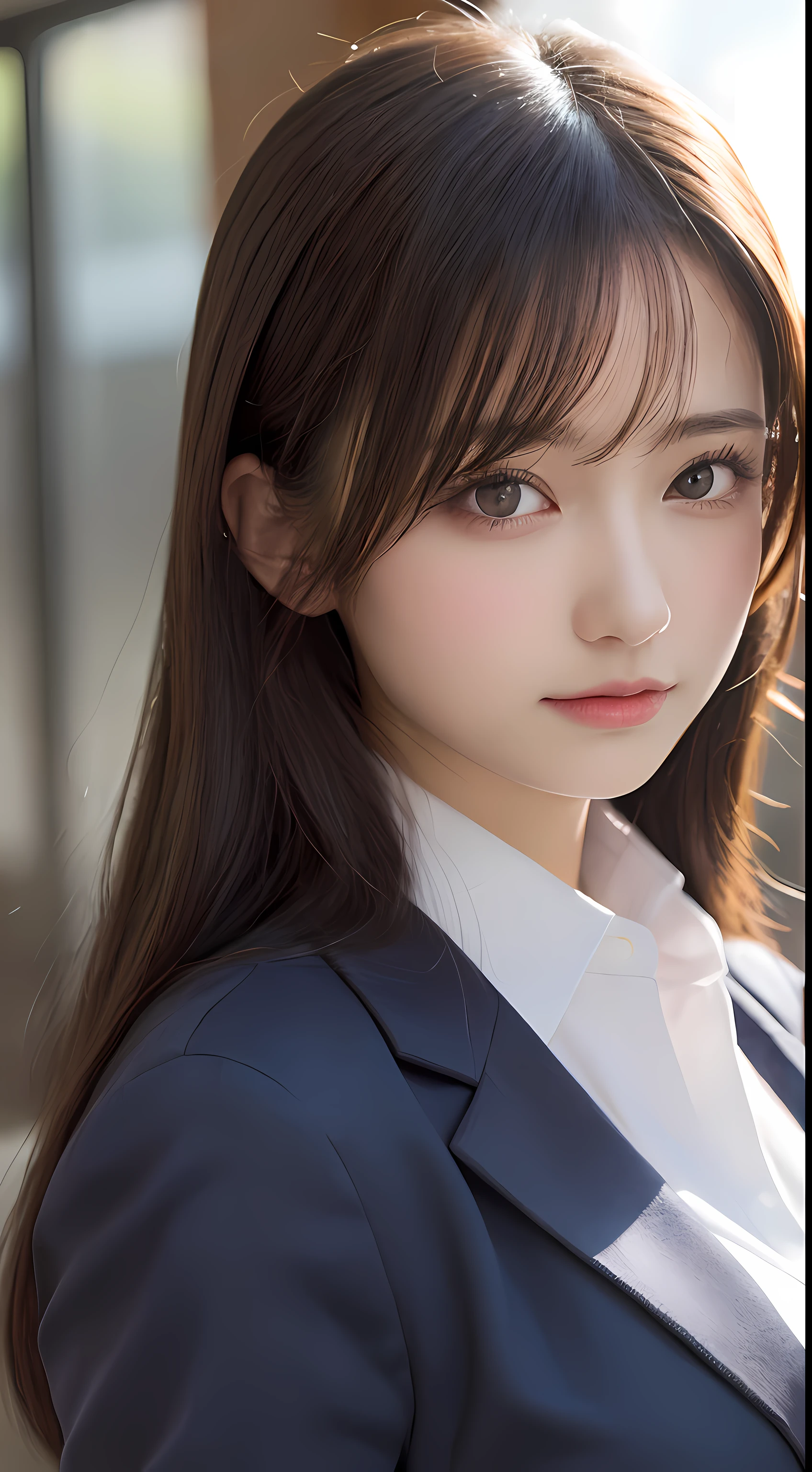 masutepiece, Best Quality, Illustration, Ultra-detailed, finely detail, hight resolution, 8K Wallpaper, Perfect dynamic composition, Beautiful detailed eyes,  Natural Lip,blazer ,school uniform, Big breasts, Full body