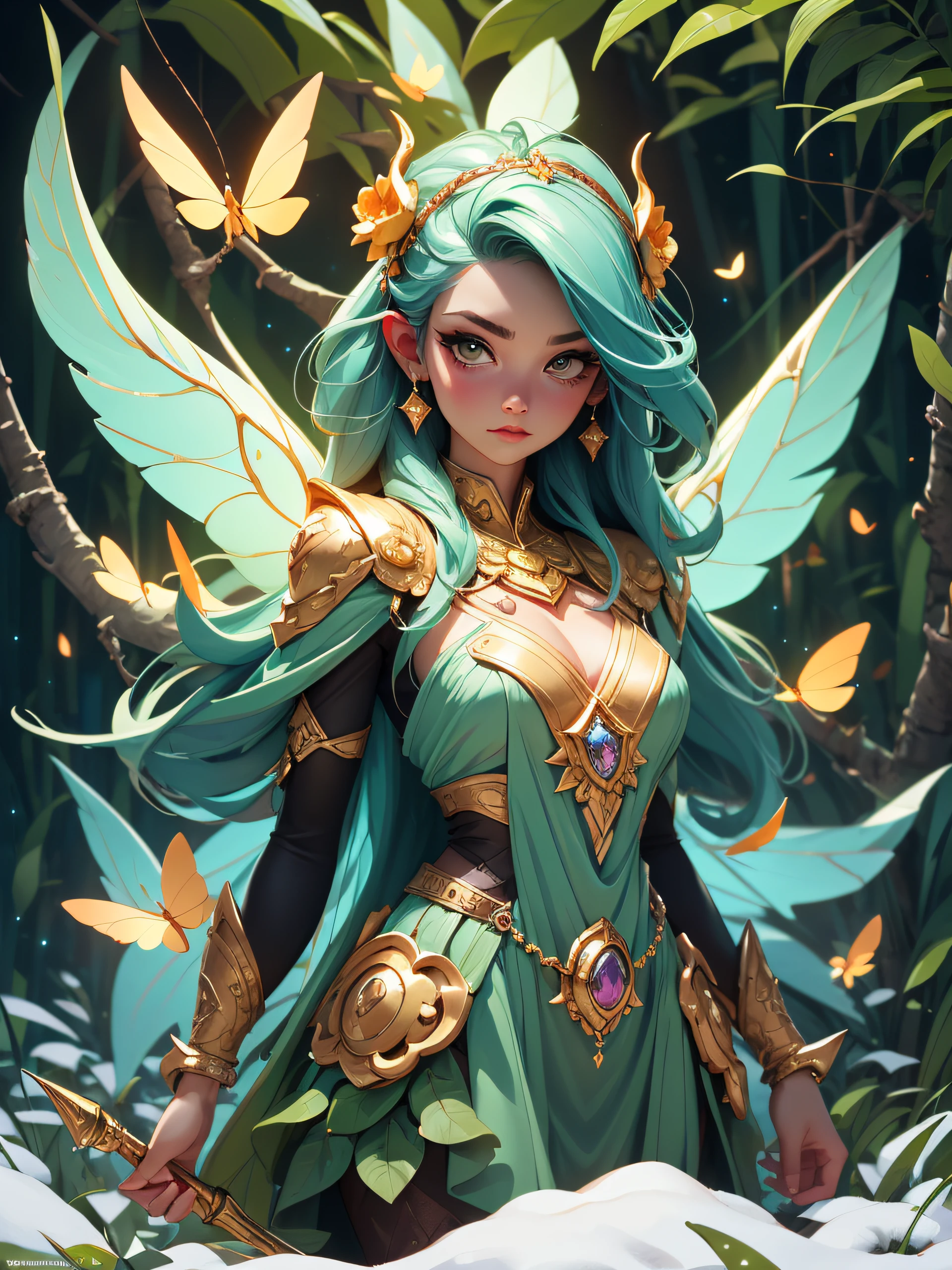 Fantastic snow and ice jungle,Many scattered crystal trees、Accessories、Shine in the center,Beautiful transparent flower fairy, Transparent colorful wings, The wand flutters in the wind、The wand flashed with starlight,Golden wand,transparent feathers,fanciful、Starskrim、cleanness、glimmering、Shines、magnifica、Verdant、Light、with light glowing,Magic pictures,Delicate leaves and branches are surrounded by fireflies(nature elements),(Jungle theme),(Foliage),(tree branch),(glowworm),(Particle effect),Masterpiece, Super detailed, Epic composition, Highest quality, 8K,Epic romantic fantasy digital art,Epic fairy tale fantasy digital art,Mythological fantasy,tmasterpiece,high qulity,8K,UHD resolution,Detailed detail drawing,realisticlying,Very realistic,cinmatic lighting,an award winning photograph,rich colours,hyper realistic lifelike texture,dramatic lighting