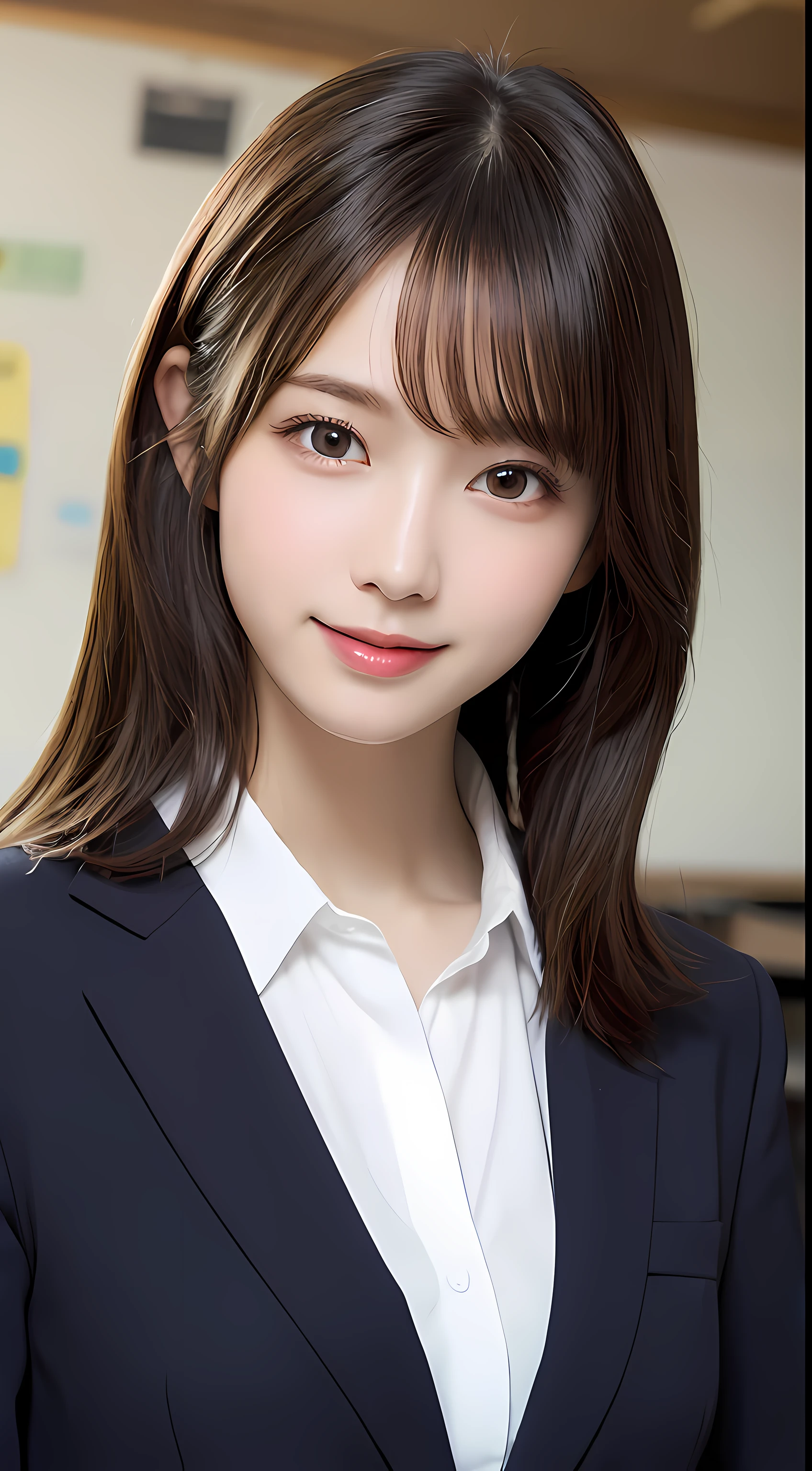 masutepiece, Best Quality, Illustration, Ultra-detailed, finely detail, hight resolution, 8K Wallpaper, Perfect dynamic composition, Beautiful detailed eyes, suits,Medium Hair,  Natural Color Lip, Random and sexy poses,Smile,‎Classroom、20 years girl、lifelike face、real looking skin、Realistic eyes、cute little
