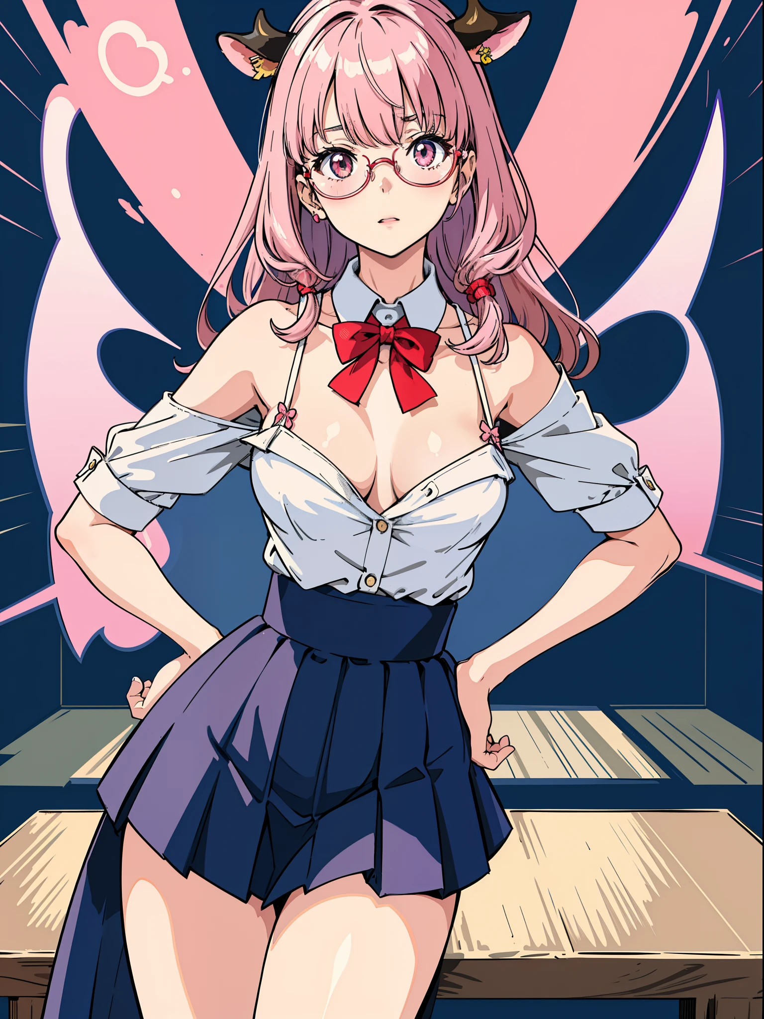 tmasterpiece, Best quality at best, ultra - detailed, hyper realisitc, photore),delicate patterns, detailedbackground, completely uncensored, cow boy shot, japanaese girl, Classroom, 校服, Loose collar, a skirt, Look at the glasses, hair between eye, Pink haired girl holding up index finger,one hand on hips, Cheeks puffed up with anger, from the above, Leaning forward,