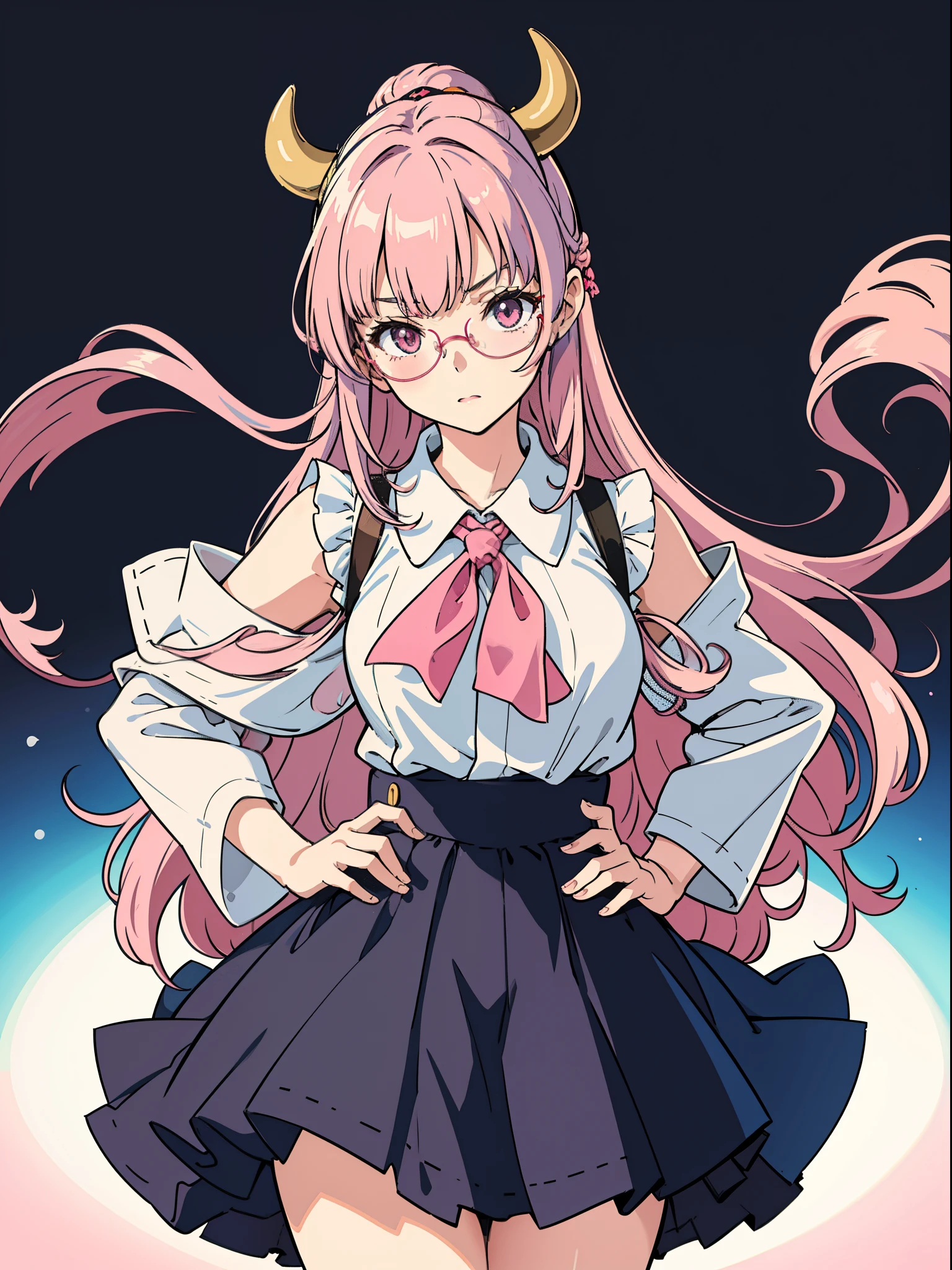 tmasterpiece, Best quality at best, ultra - detailed, hyper realisitc, photore),delicate patterns, detailedbackground, completely uncensored, cow boy shot, japanaese girl, ‎Classroom, 校服, Loose collar, a skirt, Look at the glasses, hair between eye, Pink haired girl holding up index finger，one hand on hips, Cheeks puffed up with anger, from the above, Leaning forward,