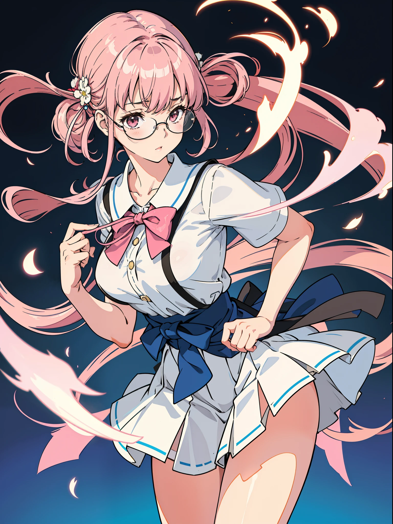 tmasterpiece, Best quality at best, ultra - detailed, hyper realisitc, photore),delicate patterns, detailedbackground, completely uncensored, cow boy shot, japanaese girl, Classroom, 校服, Loose collar, a skirt, Look at the glasses, hair between eye, Pink haired girl holding up index finger,one hand on hips, Cheeks puffed up with anger, from the above, Leaning forward,