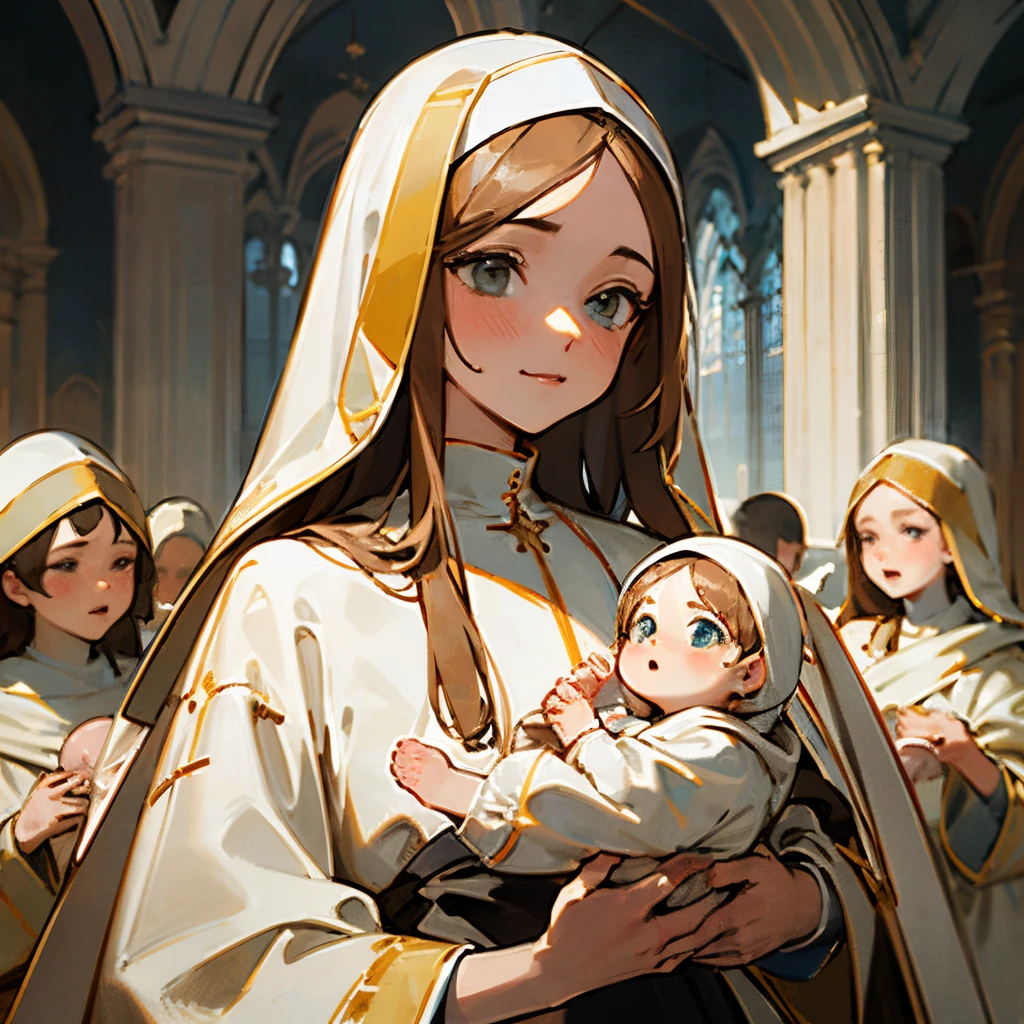 ((Best Quality)), ((Masterpiece)), (detailed), perfect faces, Virgin Mary holding baby Jesus, angels