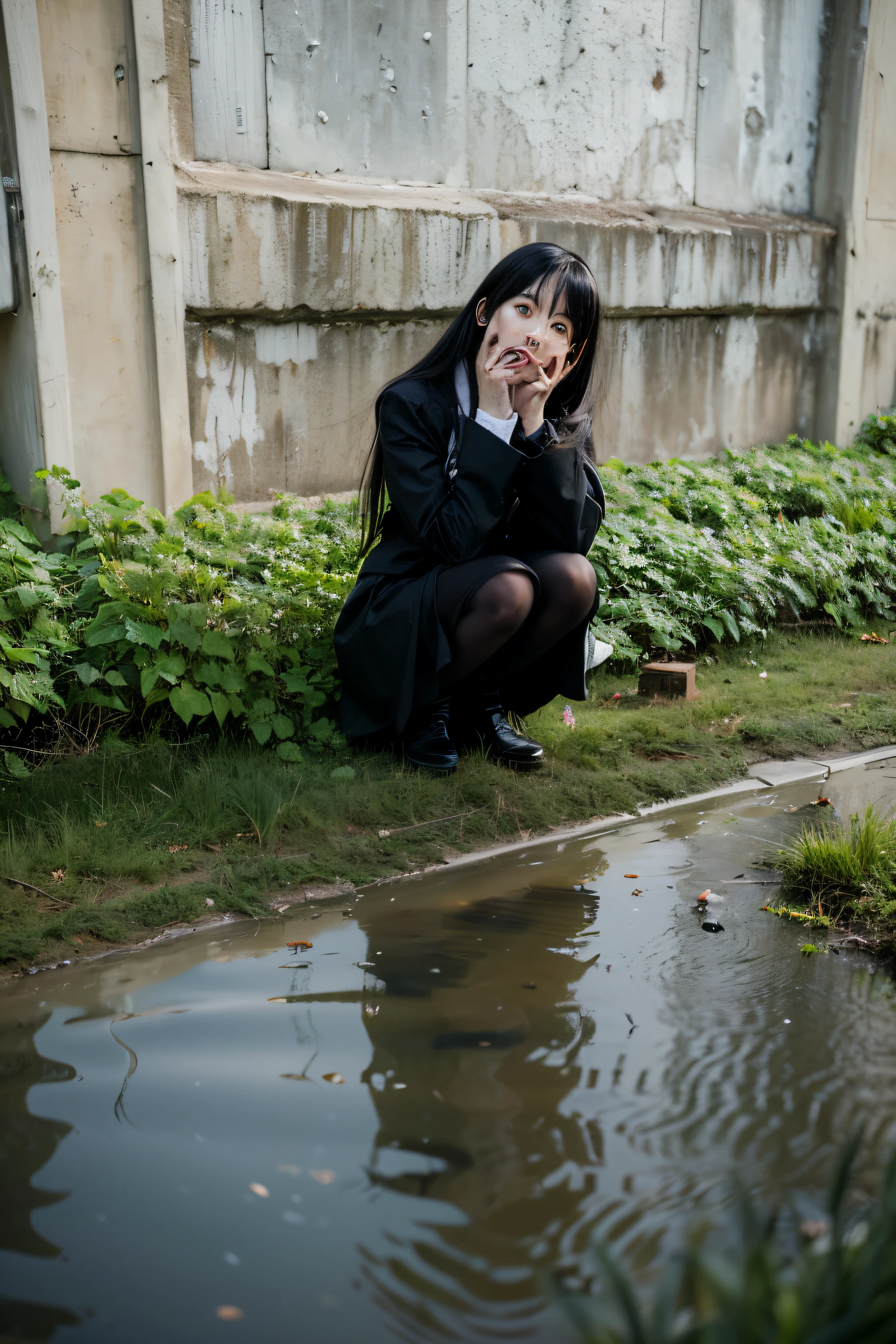 (Best quality, 8k, 32k, Masterpiece, UHD:1.2) "Generate a nightmarish and haunting art piece inspired by Junji Ito's 'Tomie,' the lake reflection is Evil, Monstrous, other-wordily, cursed lake, monster at the lake