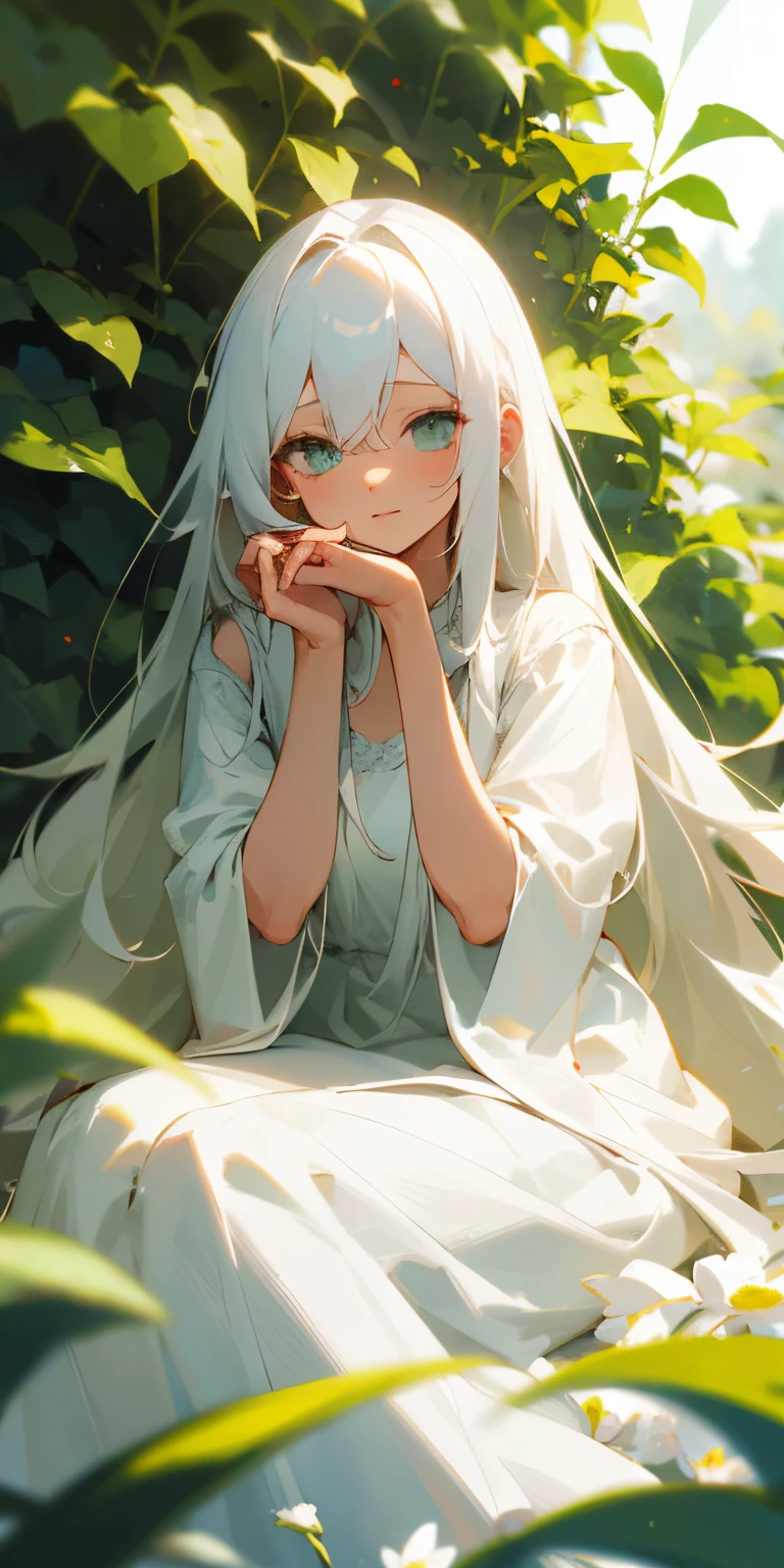 (masterpiece, best quality),1girl with long white hair sitting in a field of green plants and flowers, her hand under her chin, warm lighting, white dress, blurry foreground