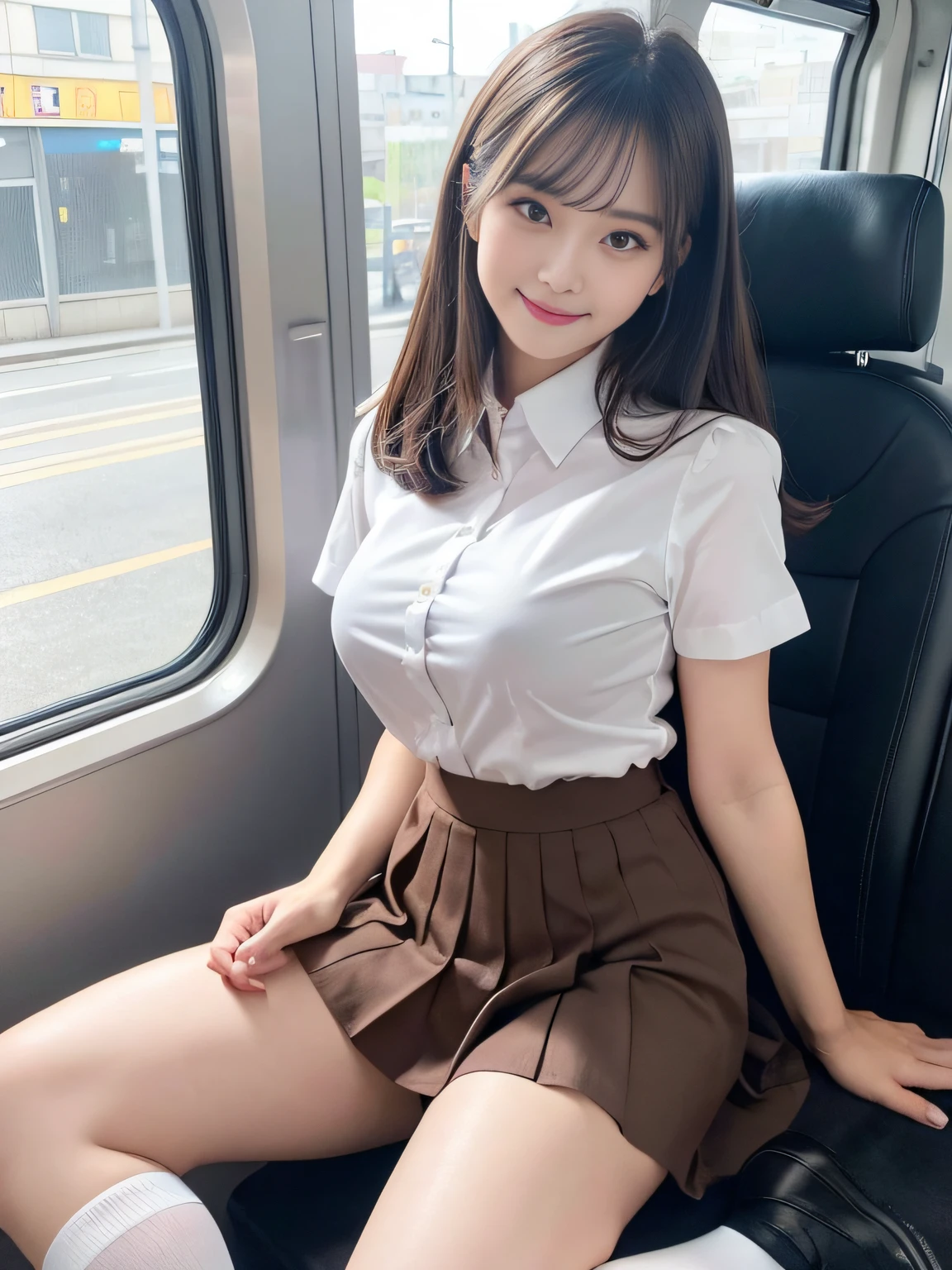 top-quality,ighly detailed,masterpiece,realisitic,Photo Real,Bright lighting,1 girl in, very beautiful , (kawaii:1.2),Faint smile, (Brown eyes),(ligh brown hair),(bangss),perfect glossy skin,flawless skin,((Erotic,Sexy and sexually explicit)),((Precise hands without dissonance)), large full breasts,large and thin waist, Watch your audience,,((Short sleeve uniform white shirt)),(Blue Mini Pleated Skirt),(((skirt lift by yourself))),(lifted by self),(Show panties),Wearing panties,panties focus,((sitted,Open legs wide)), sockes, (Black knee socks),(Loafer shoes), Daytime,On the train,Long horizontal sheet with your back to the window, with big smiles on their faces