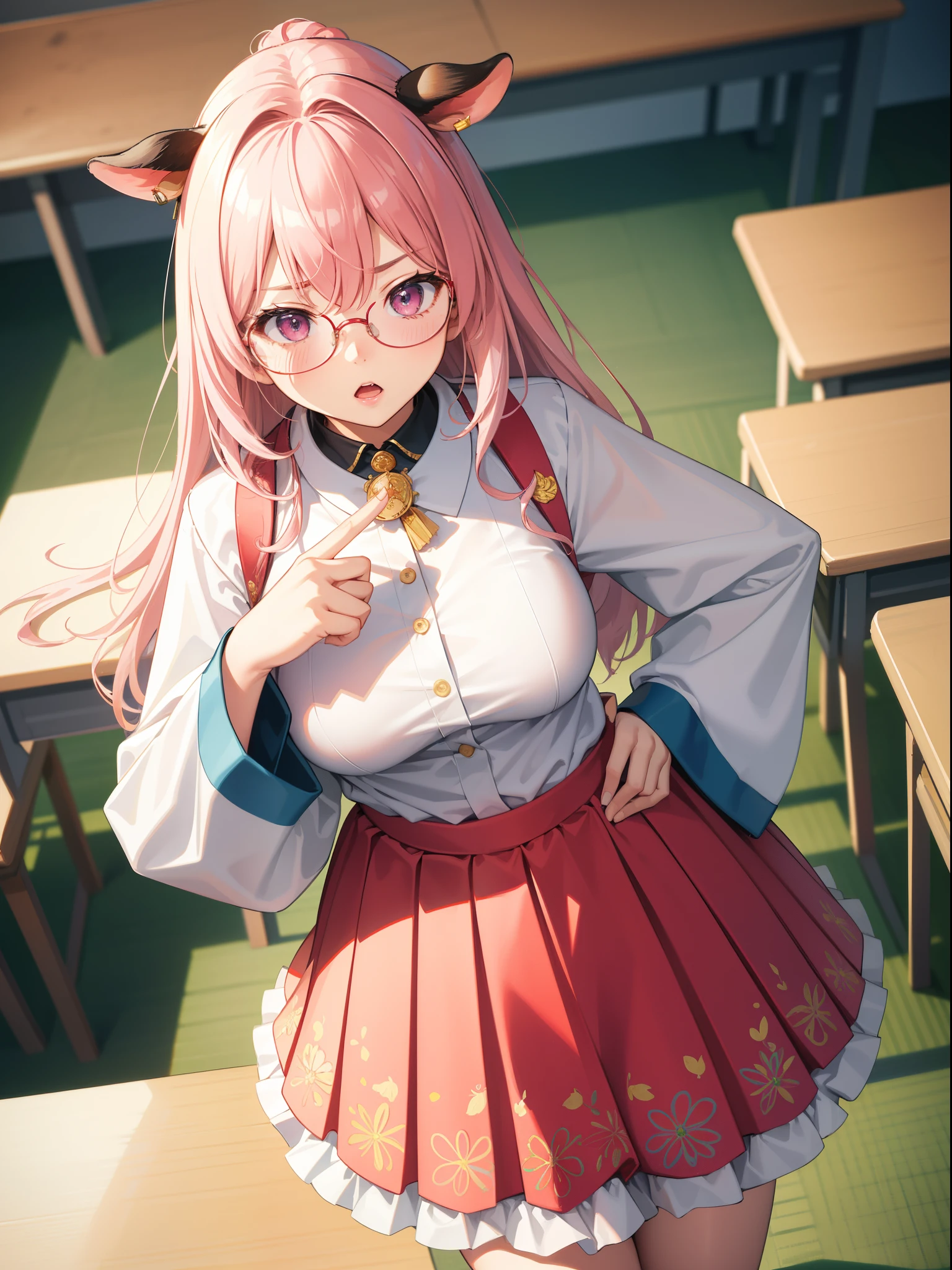 tmasterpiece, Best quality at best, ultra - detailed, hyper realisitc, photore),delicate patterns, detailedbackground, completely uncensored, cow boy shot, japanaese girl, Classroom, 校服, Loose collar, a skirt, Look at the glasses, hair between eye, Pink haired girl holding up index finger,one hand on hips, Cheeks puffed up with anger, from the above, Leaning forward,