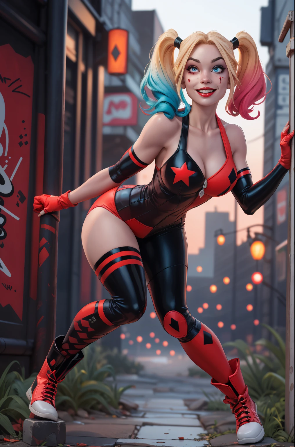 A sexy Harley Quinn from DC Comics. High-resolution artwork, vivid colors, and sharp focus. Extremely detailed face with beautiful eyes, detailed lips, and long eyelashes. Emphasize her mischievous grin and playful expression. She is wearing her iconic red and black jester outfit, with a mini-dress, fishnet stockings, and black boots. Her outfit should be vibrant and eye-catching. The background should be a dark and moody Gotham City alley with hints of neon lights and graffiti. Captivate the essence of her character, making her both seductive and dangerous. The artwork should have a comic book style, with bold lines and exaggerated features.