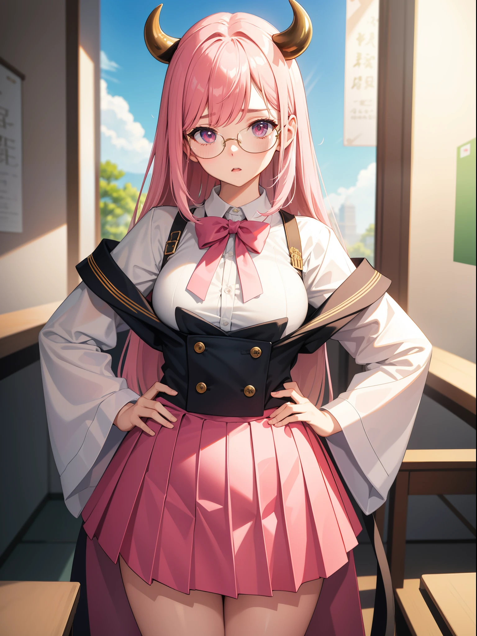 tmasterpiece, Best quality at best, ultra - detailed, hyper realisitc, photore),delicate patterns, detailedbackground, completely uncensored, cow boy shot, japanaese girl, Classroom, 校服, Loose collar, a skirt, Look at the glasses, hair between eye, Pink haired girl holding up index finger,one hand on hips, Cheeks puffed up with anger, from the above, Leaning forward,