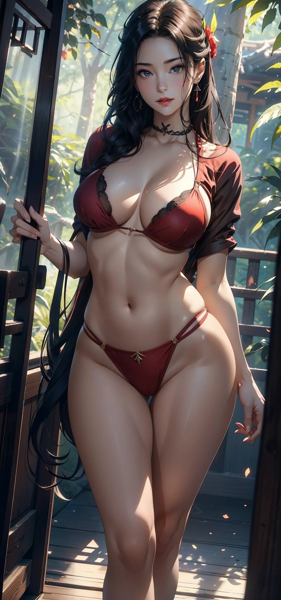 1female，45 yers old，Married woman，熟妇，Large breasts，long leges，big chest and thin waist， photo exposure， 独奏，（Background with：at a forest，the rainforest，in summer） She has long black hair，Redlip，Stood up，seen from the front， curlies， The sky is mostly cloudy，（（（tmasterpiece），（Very detailed CG unified 8k wallpaper），Best quality at best，电影灯光，detailed back ground，beautidful eyes，Bright pupils，（very delicate beautiful），（Beautiful and detailed eye descriptions），ultra - detailed，tmasterpiece，）），facing at the camera，A high resolution，ultra - detailed），revealing breasts，Bare genitals， convex，Camel toes，Raised sexy，the witcher（dressed in：，red bikinis，Transparent short sleeves）