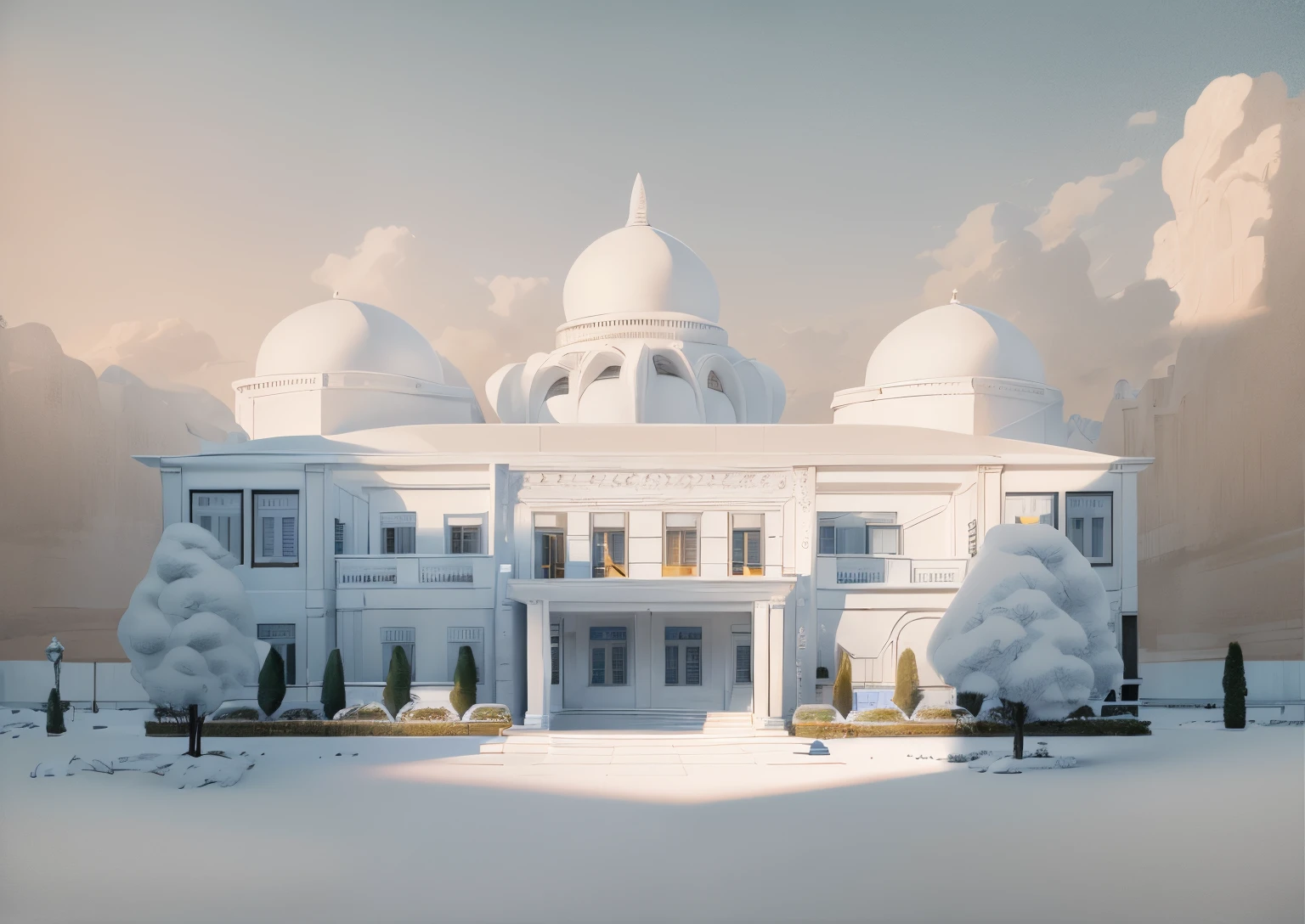 there is a drawing of a large, white luxurious, building with a blue roof , frontview, front elevation view, front perspective, front view dramatic, front view, front-view, elevation view, building facing, symmetrical front view, front elevation, a middle-shot from front, 3/4 front view, perspective view, a long-shot from front, wide establishing shot, Golden natural fountain from front large white building