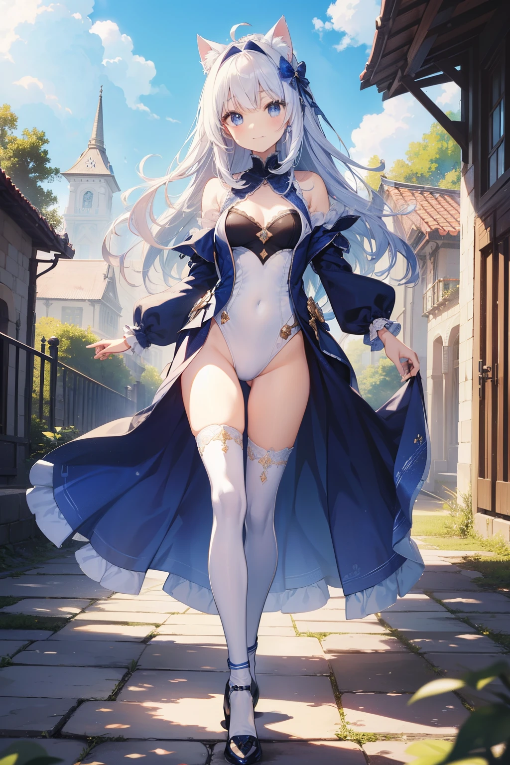 ((2D beautiful girl、top-quality、Perfect Finger 1.1、Perfect Anatomy 1.1、extremely delicate and beautiful illustration))、Solio、cute petit girl、(transform sequence)、(blanche(Princess leotard))、8years old、elementary student、Lori、Chiquita、Fractal Art、baby-face、((stright long hair))、big drooping eyes、A smile、Full body depiction、(1 persons)、(white aristocratic leotard)、blue sky royal palace courtyard、The color of the costume is blue and white、cat ear、Princess、