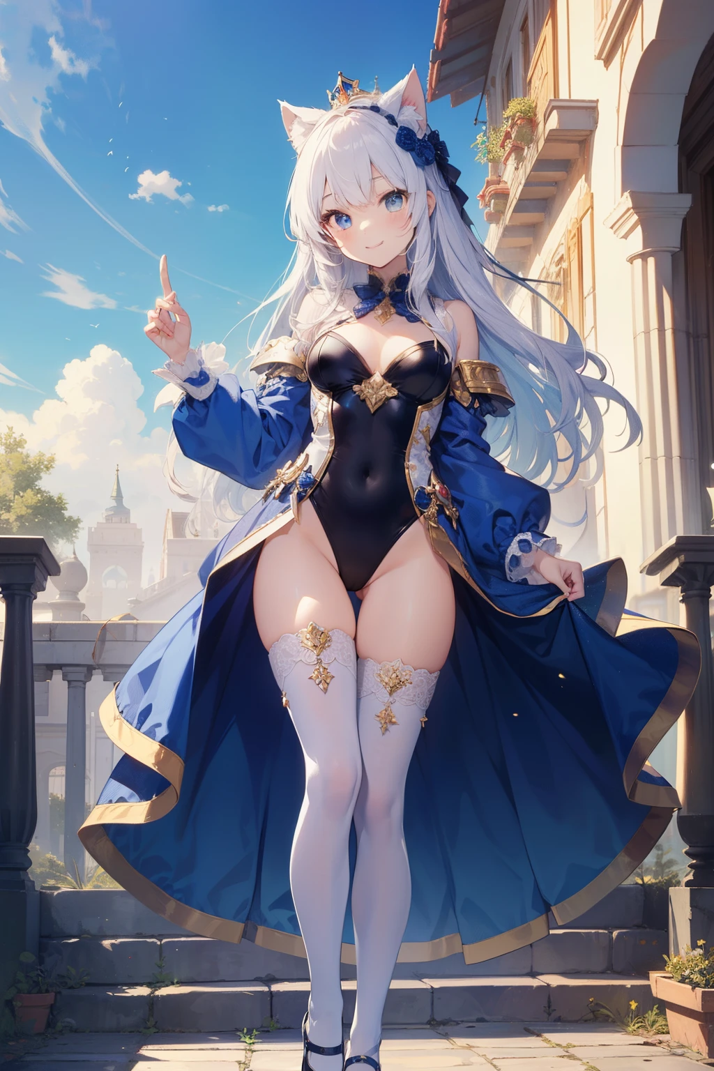 ((2D beautiful girl、top-quality、Perfect Finger 1.1、Perfect Anatomy 1.1、extremely delicate and beautiful illustration))、Solio、cute petit girl、(transform sequence)、(blanche(Princess leotard))、8ars old、elori、Chiquita、Fractal Art、baby-face、((stright hairig drooping eyes、A smile、Full body depiction、(1 persons)、(white aristocratic leotard)、blue sky royal palace courtyard、The color of the costume is blue and white、cat ear、Princess、