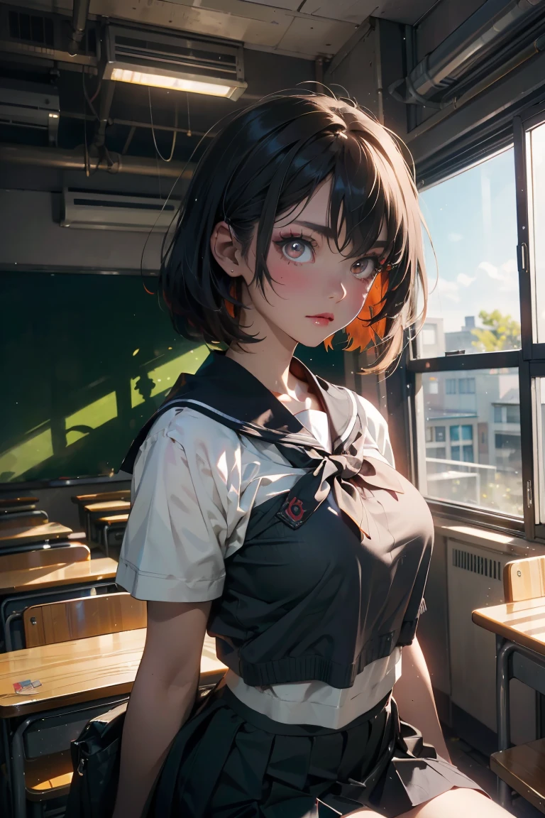 a 20 yo woman、A dark-haired、(hi-top fade:1.3)、dark themed、Muted Tones、Subdued Color、highly contrast、(natural skin textures、Hyper-Realism、Soft light、sharp)、(masutepiece:1.2, Best Quality), (real picture, Intricate details), (1lady, Solo, Upper body, Big Tits)
Clothes: Edgy, Avant-garde, experimental
appearance: Shaved head or bold hair color, Dramatic makeup, Unconventional fashion choices
behavior: defiance, non-conformist, place of provocation: urban art district, Underground Music Scene
hobby: attending punk shows, creating mixed media art, Try different subcultures
values: individuality, authenticity, Creative Expression Inspiration: Punk rock music, Counterculture icons, Characters of the avant-garde movement: Bold, boldness, Unconventional.，​masterpiece、white backgrounid、18-year-old woman、there is a woman sitting on a chair in a classroom, in class room, sitting in classroom, a hyperrealistic schoolgirl, Japan school uniform, japanese high school, japanese girl school uniform, a hyperrealistic schoolgirl, of a schoolgirl posing, wearing japanese school uniform, Cute Schoolgirl, full subject in shot, Pupils, Realistic Schoolgirl, In the classroom of  the school、A dark-haired、waist-length hair、