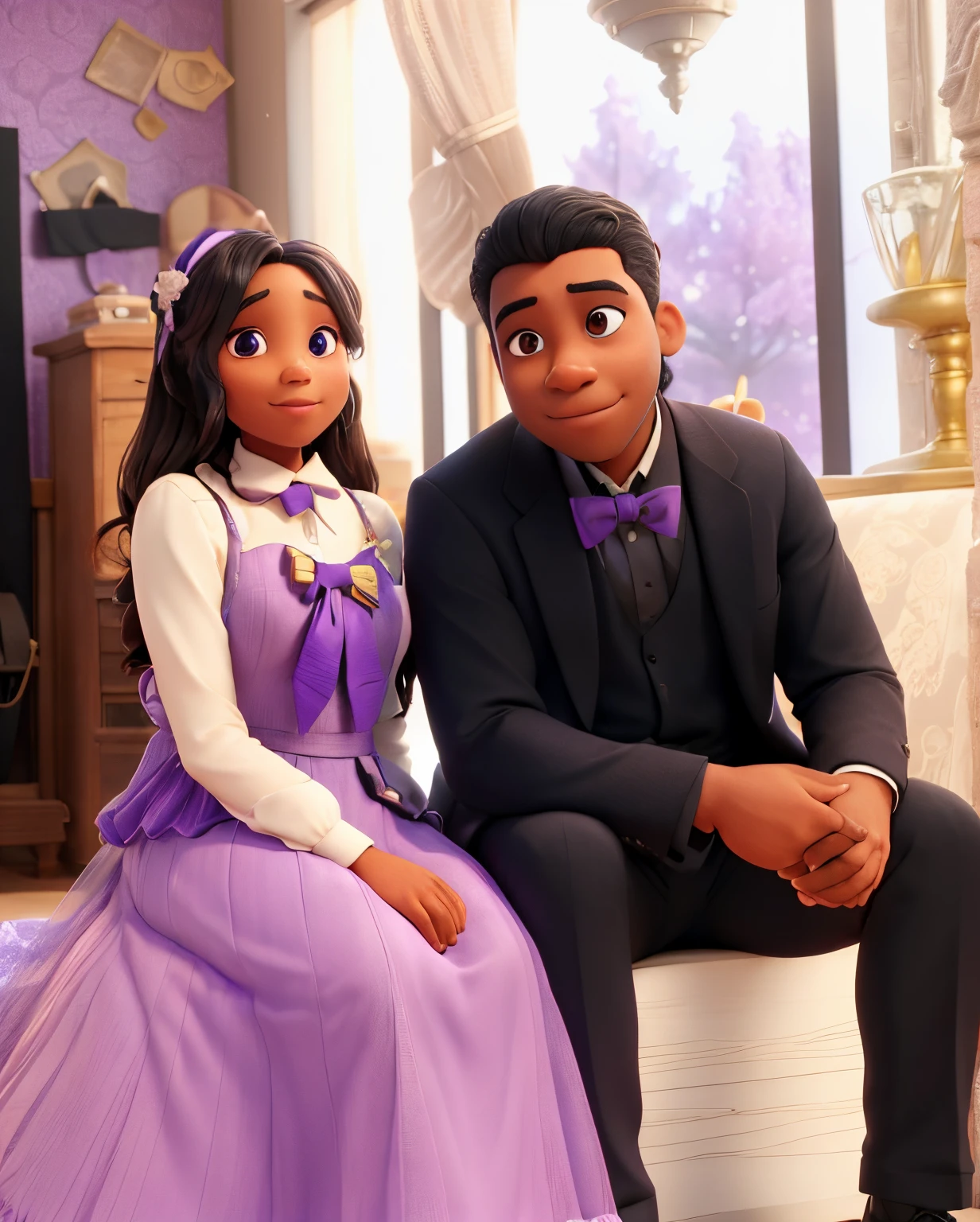 Guy were black toxido with violet bow tie and girl were violet dress cute chubby couple