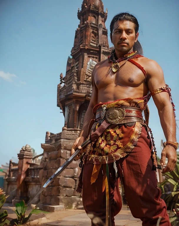 a mighty man, wearing dark red trousers and a belt batik,indonesian face, black hair accompanied, holding a keris sword, standing fiercely, the background of the magnificent temple palace, bright, realistic, ultra detailed, 70 mm lens