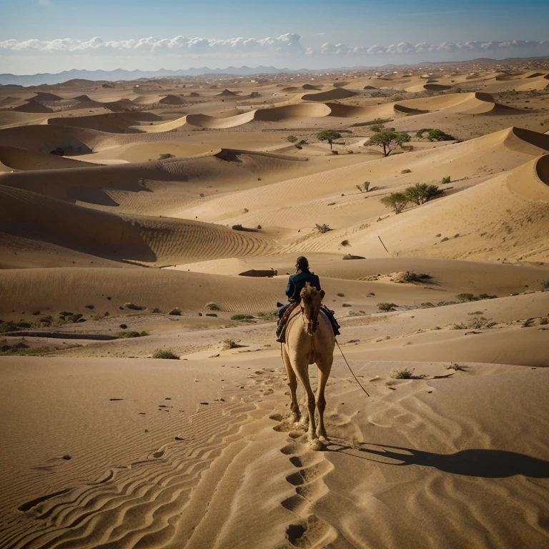(best quality, highres, ultra-detailed), desert,sand dunes, golden sun, endless horizon, oasis, camel, nomadic tribes, Bedouin tents, warm breeze, breathtaking view, vastness, tranquility, ethereal, mesmerizing colors, soft natural light, mystical atmosphere, shifting shadows, serene silence, undulating dunes, sandstorm in the distance, hidden treasures, ancient history, remote exploration, survival amidst harsh conditions, adventure, serenity, timeless beauty, untouched wilderness, grandeur.