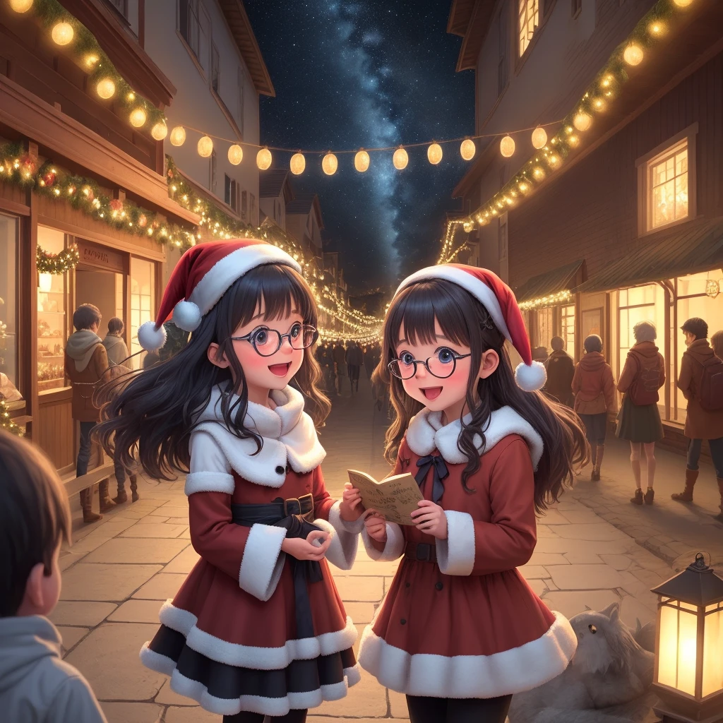 Describe a magical Christmas scene, where the night is lit by thousands of twinkling lights, transforming urban and natural landscapes into spectacles of pure beauty. Explore a atmosfera festiva, highlighting the contagious joy of children admiring the decorations. Como essas luzes e paisagens natalinas evocam sentimentos de maravilha, unity and the unique magic of the season? How children's imagination is awakened by this luminous spectacle?"