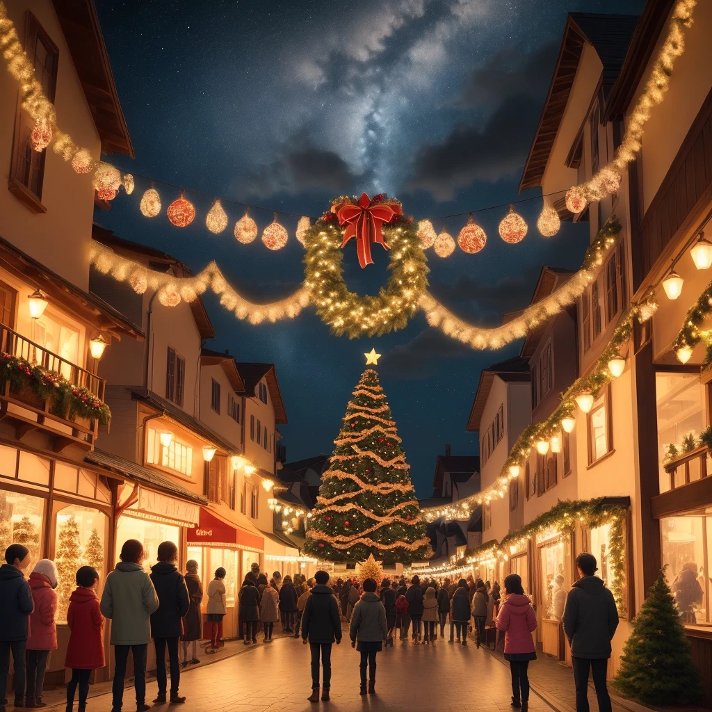Describe a magical Christmas scene, where the night is lit by thousands of twinkling lights, transforming urban and natural landscapes into spectacles of pure beauty. Explore a atmosfera festiva, highlighting the contagious joy of children admiring the decorations. Como essas luzes e paisagens natalinas evocam sentimentos de maravilha, unity and the unique magic of the season? How children's imagination is awakened by this luminous spectacle?"