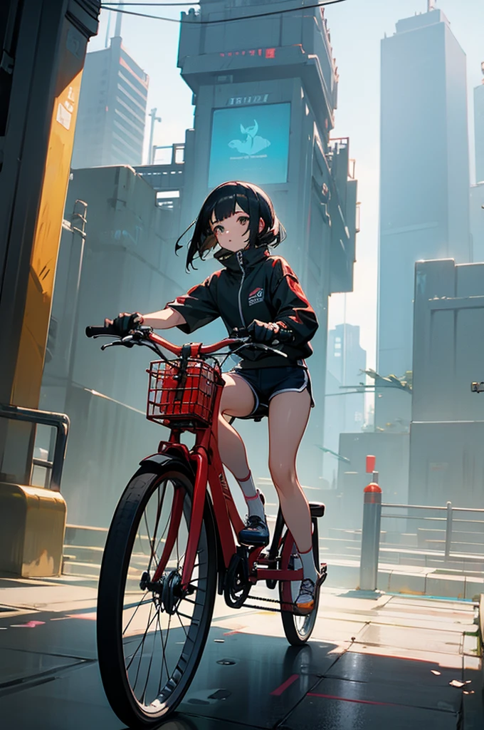 a girl rides a bicycle, dolphin shorts, cyberpunk temple