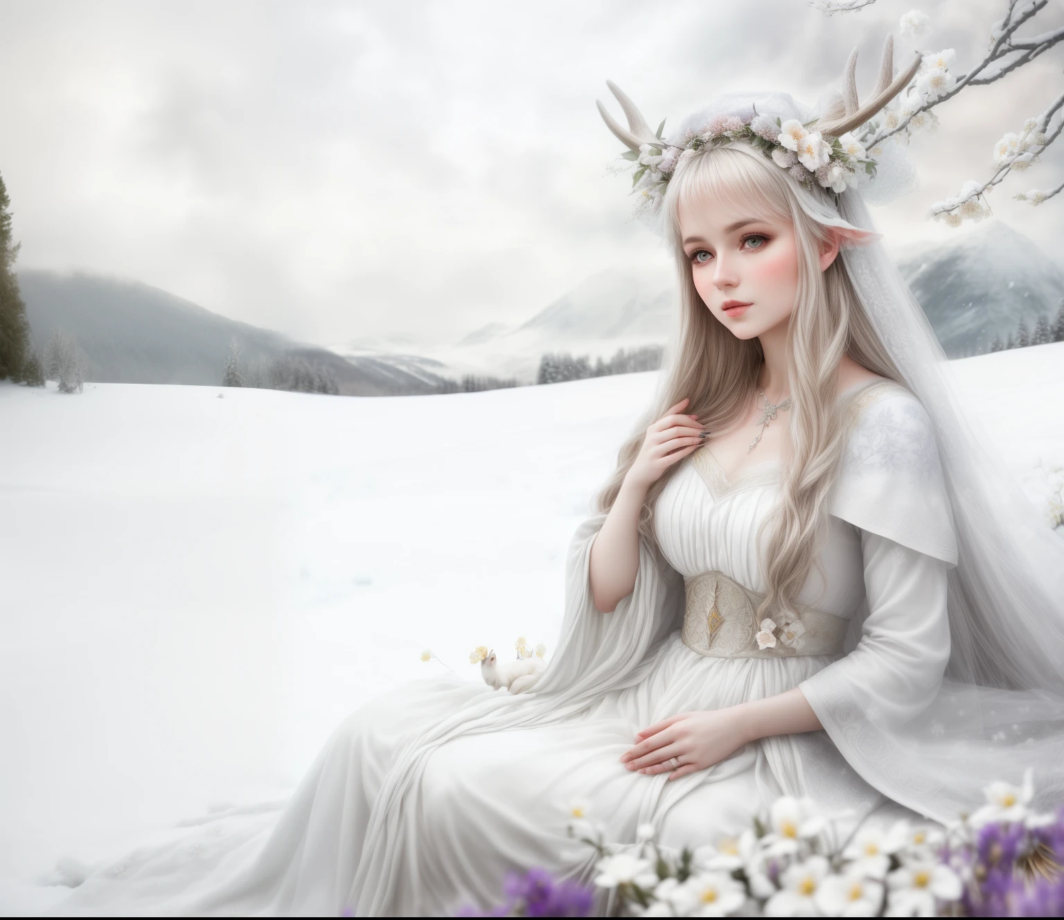 (a woman in a white++++++ gown), (sitting with deer in the snow), (((graceful horns on the head))), ((((((with beautiful flowers around her: 1,75)))))), Fantasy photography, fantasy matte painting，Cute, inspired by the Limburg brothers, an epic fantasy, The White Witch, Young woman with horns, Anna Boch, by Emma Andijewska, Lucia Peka, ethereal fairytale, beautiful nordic woman, Realistic fantasy photography, inspired by Anka Zhuravleva, Anka Zhuravleva, Pale ivory skin