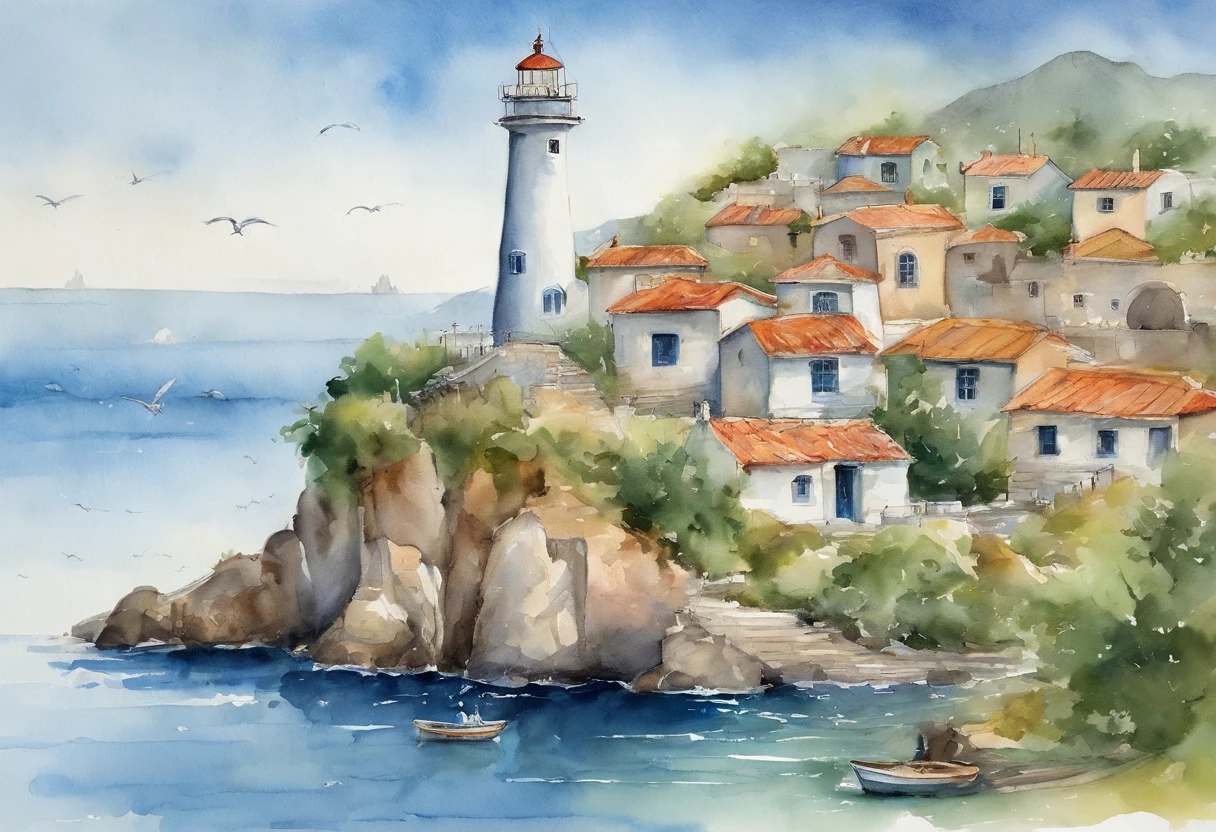 This picture shows a beautiful seaside scenic spot。On the left side of the picture is a tall lighthouse，Appears light yellow，Standing on a green hill。The architectural style of the lighthouse is simple and classical，There are several buildings around the base。Below the lighthouse are some houses and roads，On the right side of the picture is a piece of blue water，There are several ships and a peninsula-shaped island in the sea。The distant horizon meets the blue sky，The sky is clear，A few white clouds float leisurely。
