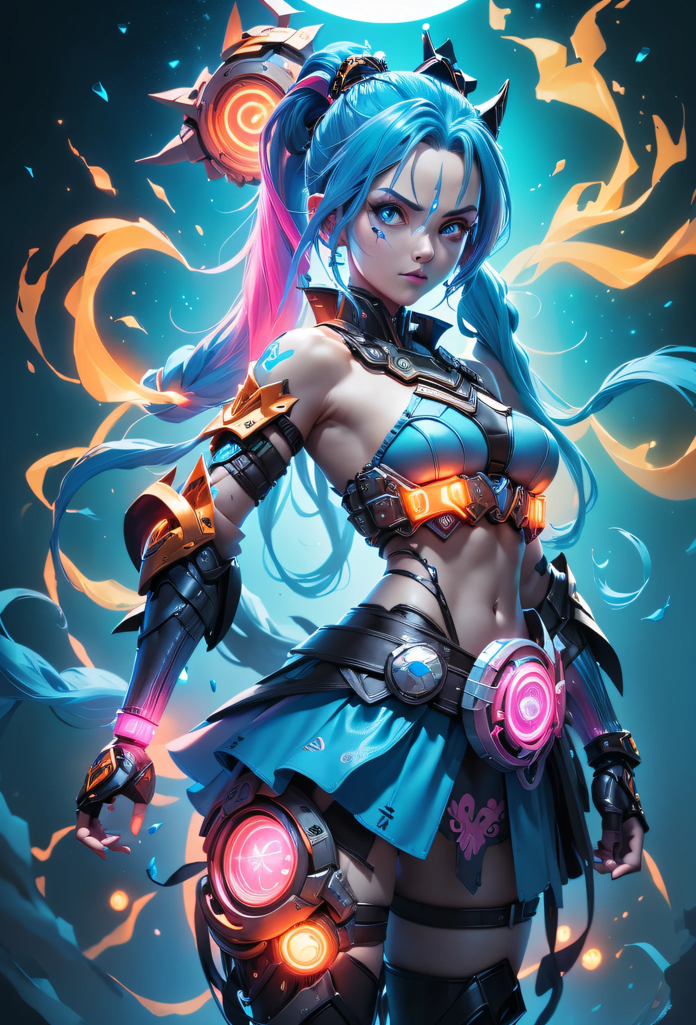 Jinx1024, Game character design,3D character rendering,(((Vector illustration style))),League of Legends Jinx,((1 busty girl,(Blue double ponytail: 1.5),Blue braids,red eyes,giggles,future warrior,(Pink mechanical skirt: 1.3),(A glowing magazine tied around his waist: 1.2),Decorated with luminous lines and rivets,With streamer effect or LED light embellishment,Hand-held laser cannon、Ion cannon or pulse cannon)),((Hairstyling design:Brilliant deep blue,Add some glowing elements,Futuristic headwear such as orange photoelectric glasses or head-mounted displays)),((Expressive design:Add some glowing lines or orange LED light effects to the face decoration,Design different facial expressions,Highlight the image of future warriors)),(action design:On the move、When releasing a skill or attacking,Add some special effects and animations,Highlight the sense of future and combat),((Special effects design:Add a cool orange lighting effect、Electromagnetic wave effect or virtual interface,Enhance skin visual impact)), (((Stood up,Metal heels: 1.8, Glowing lines or orange LED light effect))), (Full body photo: 1.5),doom (league of legend),((starryskybackground,simplebackground)), mech wings, The Art of Lunar Encryption Wow, (Perspectives, first person perspective, Ghibli-style colors, Luminism, 电影灯光, hyper HD, tmasterpiece, Acura, Anatomically correct, ctextured skin, super detailing, high detal, high high quality, Award-Awarded, Best quality, 16k)