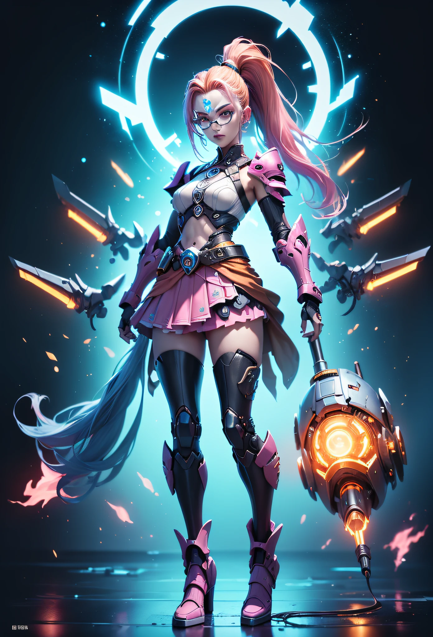 Jinx1024, Game character design,3D character rendering,(((Vector illustration style))),League of Legends Jinx,((1 plump girl,(Blue double ponytail: 1.5),Blue braids,red eyes,Giggle smile,future warrior,(Pink mechanical skirt: 1.3),(A glowing magazine tied around his waist: 1.2),Decorated with luminous lines and rivets,With streamer effect or LED light embellishment,Hand-held laser cannon、Ion cannon or pulse cannon)),((Hairstyling design:Brilliant deep blue,Add some glowing elements,Futuristic headwear such as orange photoelectric glasses or head-mounted displays)),((Expressive design:Add some glowing lines or orange LED light effects to the face decoration,Design different facial expressions,Highlight the image of future warriors)),(action design:On the move、When releasing a skill or attacking,Add some special effects and animations,Highlight the sense of future and combat),((Special effects design:Add a cool orange lighting effect、Electromagnetic wave effect or virtual interface,Enhance skin visual impact)), (((The stands up,Metal heels: 1.8, Glowing lines or orange LED light effect))), (fully body photo: 1.5),doom (league of legend),((starryskybackground,simplebackground)), Mecha Wings, The Art of Lunar Encryption Wow, (Perspectives, first person perspective, Ghibli-style colors, Luminism, 电影灯光, hyper HD, tmasterpiece, Acura, Anatomically correct, ctextured skin, super detailing, high detal, high high quality, Award-Awarded, Best quality at best, 16k)