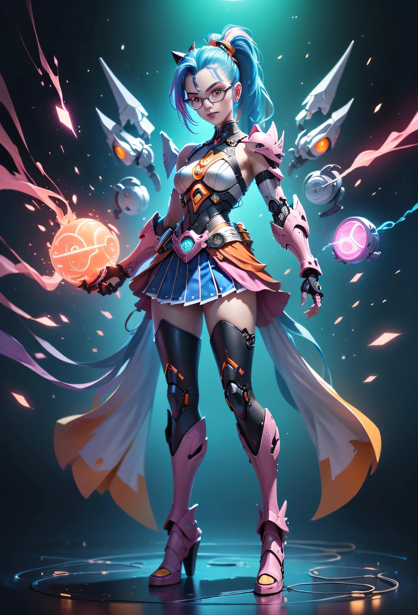 Jinx1024, Game character design,3D character rendering,(((Vector illustration style))),League of Legends Jinx,((1 plump girl,(Blue double ponytail: 1.5),Blue braids,red eyes,Giggle smile,future warrior,(Pink mechanical skirt: 1.3),(A glowing magazine tied around his waist: 1.2),Decorated with luminous lines and rivets,With streamer effect or LED light embellishment,Hand-held laser cannon、Ion cannon or pulse cannon)),((Hairstyling design:Brilliant deep blue,Add some glowing elements,Futuristic headwear such as orange photoelectric glasses or head-mounted displays)),((Expressive design:Add some glowing lines or orange LED light effects to the face decoration,Design different facial expressions,Highlight the image of future warriors)),(action design:On the move、When releasing a skill or attacking,Add some special effects and animations,Highlight the sense of future and combat),((Special effects design:Add a cool orange lighting effect、Electromagnetic wave effect or virtual interface,Enhance skin visual impact)), (((The stands up,Metal heels: 1.8, Glowing lines or orange LED light effect))), (fully body photo: 1.5),doom (league of legend),((starryskybackground,simplebackground)), Mecha Wings, The Art of Lunar Encryption Wow, (Perspectives, first person perspective, Ghibli-style colors, Luminism, 电影灯光, hyper HD, tmasterpiece, Acura, Anatomically correct, ctextured skin, super detailing, high detal, high high quality, Award-Awarded, Best quality at best, 16k)