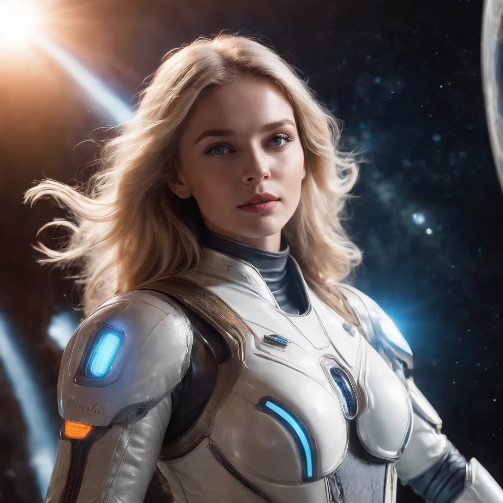 (masterpiece, best quality), beautiful female space pilot with blue eyes and blond flying hair is wearing a futuristic space suit in latex, metallic, white, shiny, glowing light stripes in space suit inspired by TRON, space suit top, but wearing only boxer shorts, bare legs, preparing to go to bed, HD, the girl is floating around in zero gravity in a cabin of a futuristic spaceship, no gravity, weightless, flying around, through a window in the spaceship we can see the glowing sun from a close distance, subdued light in the spaceship, lots of displayers and instruments are the main source for the light in the scene, displayers in orange and blue light, a glowing orange light from the sun outside the space ship is dominating the scene, cinematic lighting in the hair, hair light, wind in the hair,