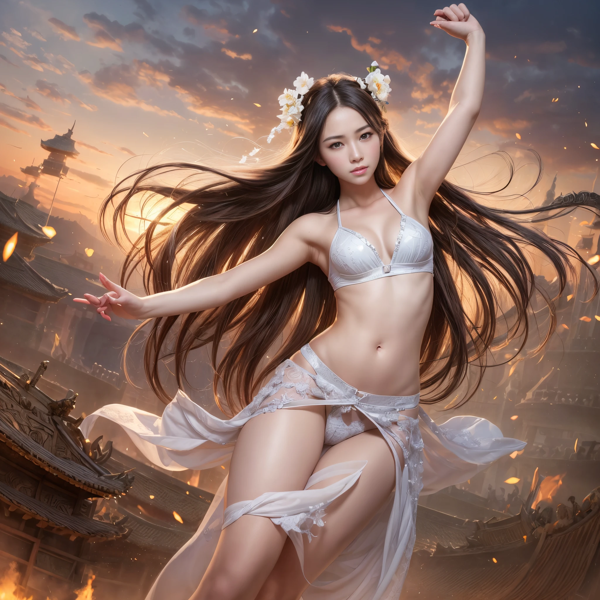 (Raw photo:1.2), (Photorealistic), Beautiful detailed girl, Very detailed eyes and face, Beautiful detailed eyes, Huge file size, High resolution, Very detailed, Best Quality, [masutepiece:1.6], Illustration, Very detailed, Fine detail, Best Quality, 8K Wallpaper, Movie Lighting,15 year old Chinese princess,  Spectacular dance in underwear on the battlefield, Fierce war, Princess dancing gracefully in her underwear, Beautiful dance, White bra, white  panties, Flowers blooming on the battlefield,  Battlefield of the Three Kingdoms , Slim body, Young Face, Smaller chest,