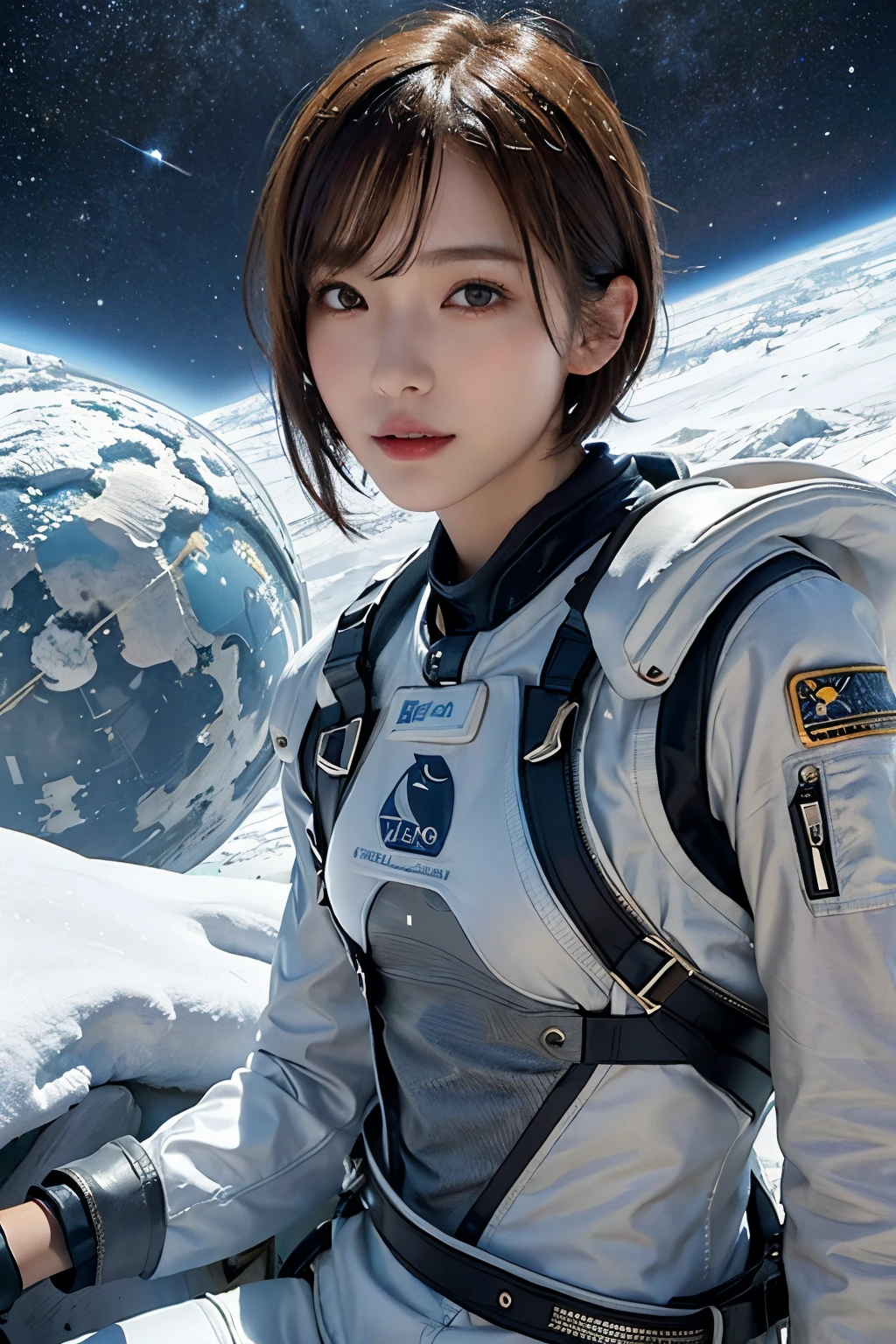 top-quality、masterpiece、超A high resolution、(realisitic:1.4)、Beautuful Women1、Beautiful detail eyes and skin、ssmile、Light brown short-cut hair、The perfect spacesuit、spaceships、cosmic space、iced&Snow Planet、cloudy ash sky、weak sunshine、