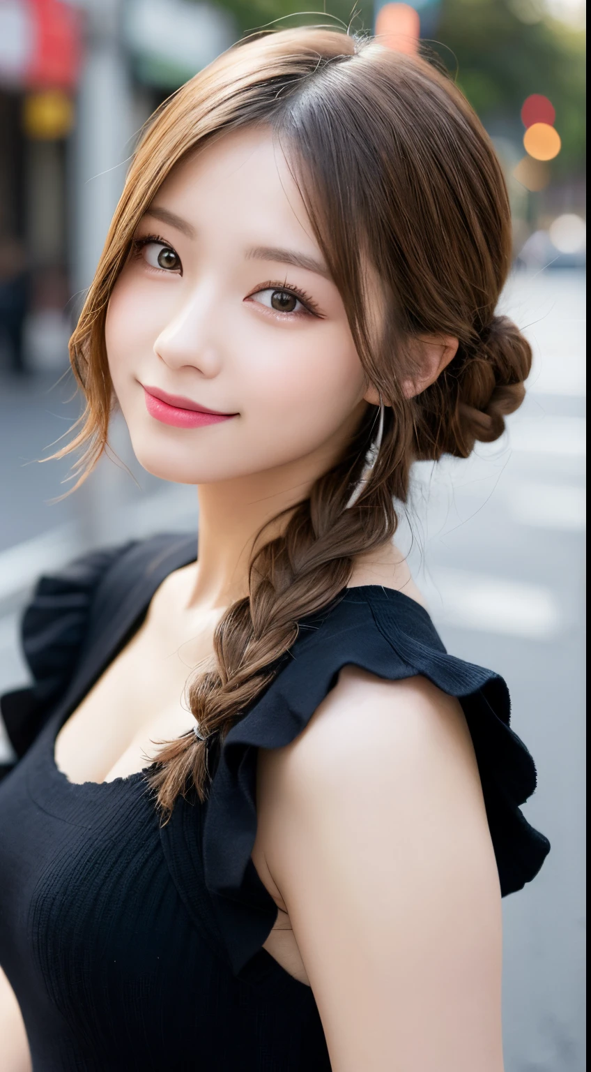 masutepiece, Best Quality, Illustration, Ultra-detailed, finely detail, hight resolution, 8K Wallpaper, Perfect dynamic composition, Beautiful detailed eyes, Women's Fashion Winterwear,Braided hair,Small breasts natural color lip, Bold sexy poses,Smile,Harajuku、20 years girl、Cute、Sexy shot looking at camera,Raw photo,Close to the subject's face