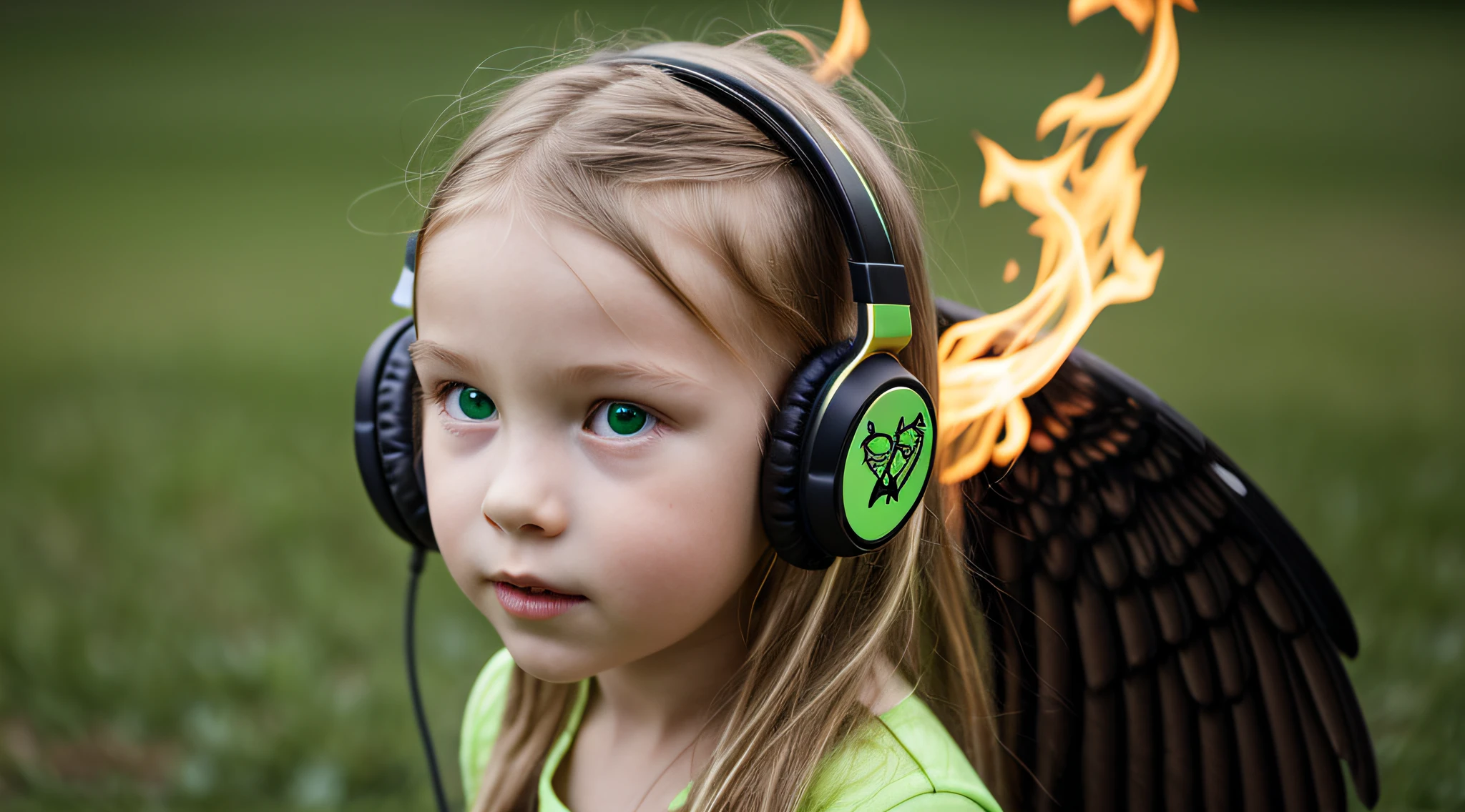 um close de um anel de fone de ouvido de uma menina loira pegando fogo., com asas em um fundo verde, Asas pretas ligeiramente queimadas, cruz, Cruzes, Asas Negras,