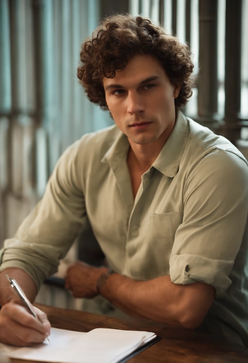 SBF, in prison, writing an emotional letter to his family,original,Sam Bankman-Fried, often referred to as SBF, is known for his casual and unassuming appearance, typically seen in simple T-shirts and shorts, a stark contrast to the typical corporate attire of financial executives. He has a youthful look, accentuated by his curly hair and often a relaxed, approachable demeanor. , male