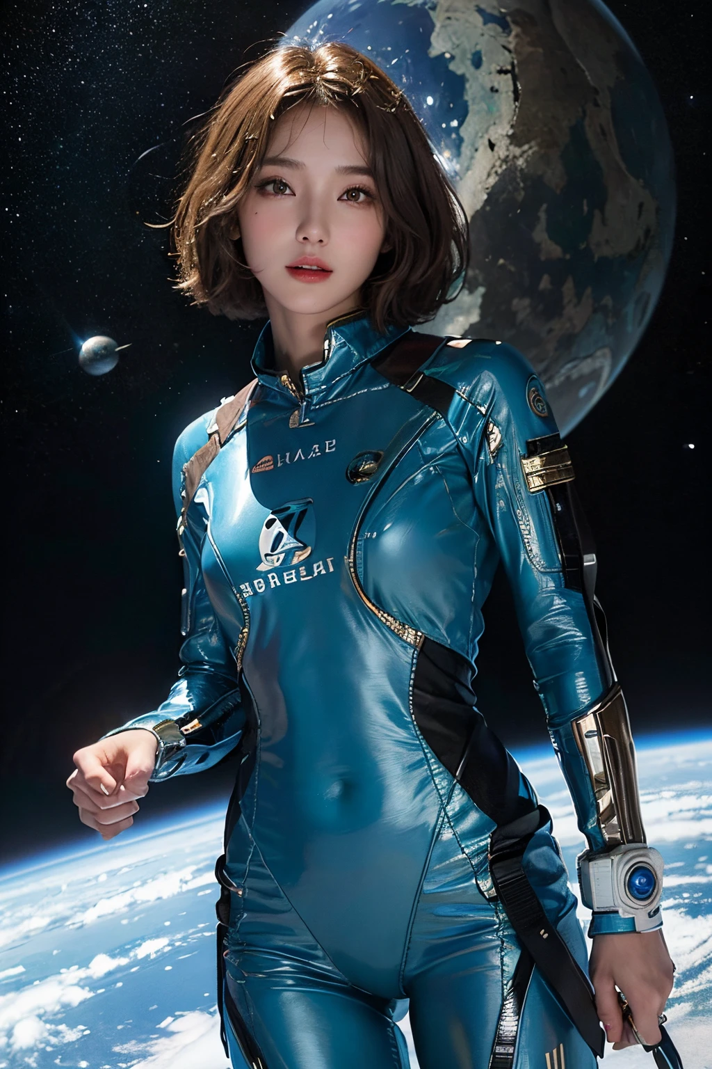 top-quality、​masterpiece、超A high resolution、(realisitic:1.4)、Beautuful Women１、Beautiful detail eyes and skin、ssmile、Light brown short-cut hair、The perfect spacesuit、spaceships、cosmic space、Water Planet、