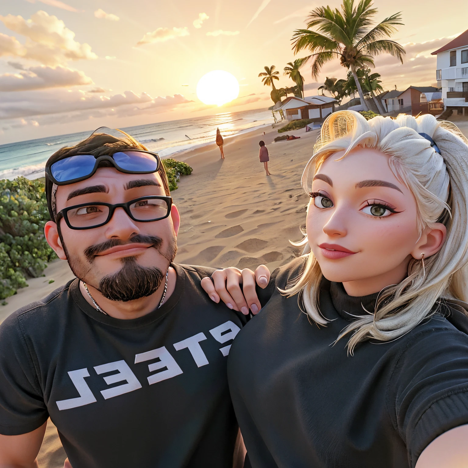 there is a man and woman standing together on a beach, profile picture 1024px, on the beach during sunset, at beach at sunset, at the beach on a sunset, vacation photo, sunset in the background, at the sunset, with sunset, on the beach at sunset, profile pic, sunset at the beach, looking off into the sunset