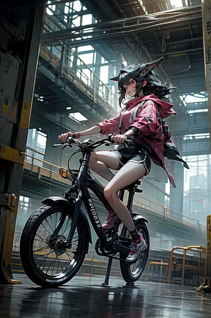 a girl rides a bicycle, dolphin shorts, cyberpunk temple