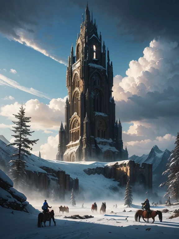 there are people riding horses in the snow near a mountain, Panoramic ancient destroyed giant frozen icy futuristic tower wreckage in the middle of a wide plain, Glacier mountain background, daylight and sun rays, snowy and rocky and foggy lakes, Pilgrims and adventurers and horse riders and shepherds and sheeps, winter concept art, epic fantasy sci fi illustration, stefan koidl inspired, epic fantasy concept art, 4k fantasy art, symmetrical epic fantasy art, epic fantasy illustration, andreas rocha and john howe, inspired by Andreas Rocha, impressive fantasy landscape, by Chris Cold, epic fantasy novel cover art