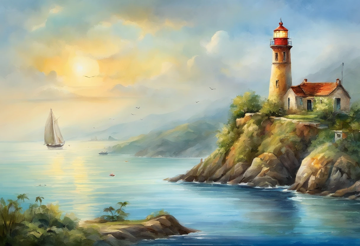 This picture shows a beautiful seaside scenic spot。On the left side of the picture is a tall lighthouse，Appears light yellow，Standing on a green hill。The architectural style of the lighthouse is simple and classical，There are several buildings around the base。Below the lighthouse are some houses and roads，On the right side of the picture is a piece of blue water，There are several ships and a peninsula-shaped island in the sea。The distant horizon meets the blue sky，The sky is clear，A few white clouds float leisurely。