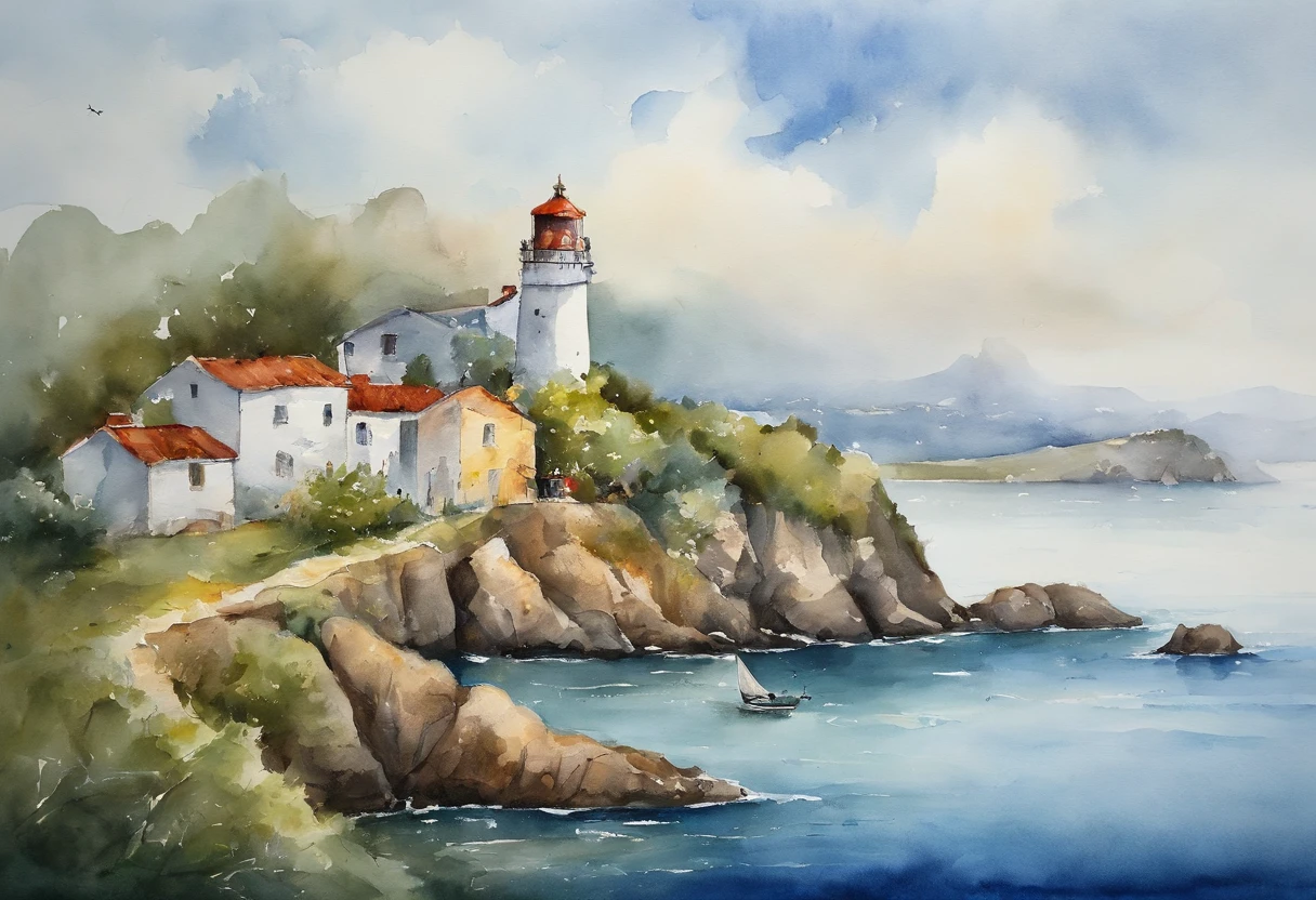 This picture shows a beautiful seaside scenic spot。On the left side of the picture is a tall lighthouse,Appears light yellow,Standing on a green hill。The architectural style of the lighthouse is simple and classical,There are several buildings around the base。Below the lighthouse are some houses and roads,On the right side of the picture is a piece of blue water,There are several ships and a peninsula-shaped island in the sea。The distant horizon meets the blue sky,The sky is clear,A few white clouds float leisurely。